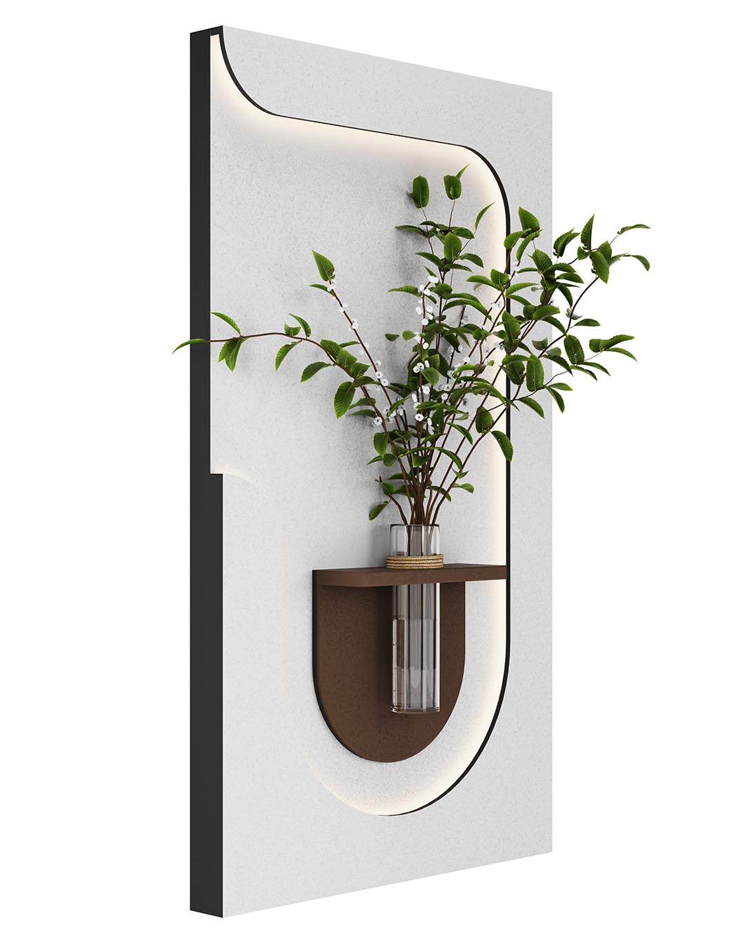 AKUSTIL Wandbild Akustikpaneel weiß braun mit Pflanzenhalter und LED-Beleuchtung für Wohnraum