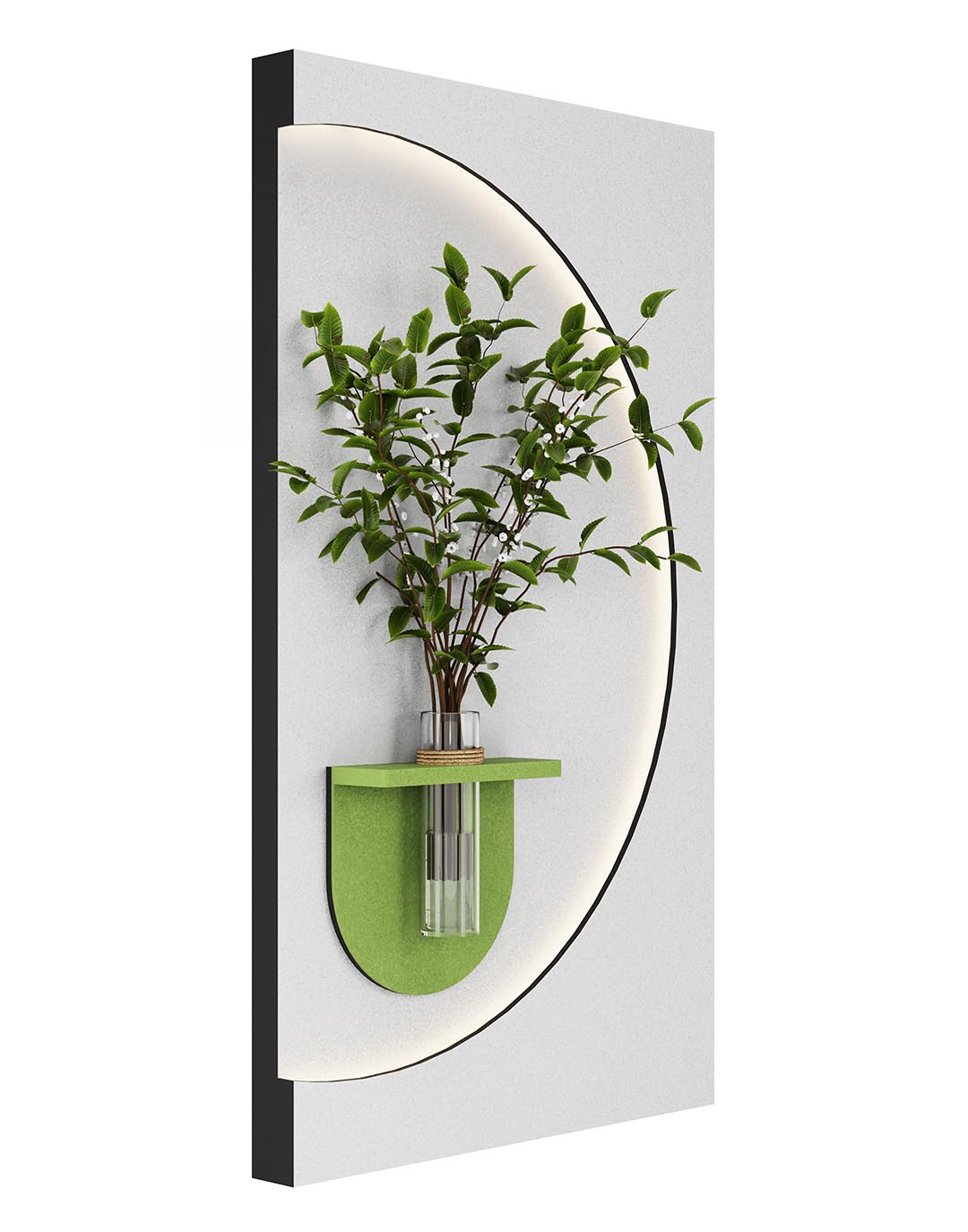 LED Wanddekoration mit Vase - Weiß/Grün- 60x105 cm AKUSTIL Wandbild Akustikpaneel weiß grün mit Pflanzenwand-Nische und Beleuchtung für Wohnraum