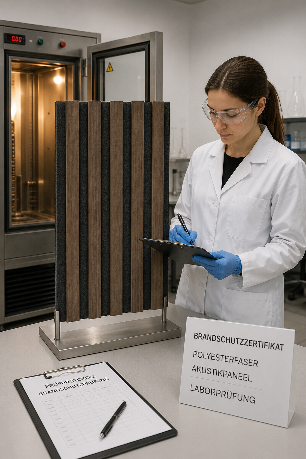 Brandschutzgeprüftes Akustikpaneel aus Polyesterfaser in Holzoptik bei AKUSTIL Laborprüfung