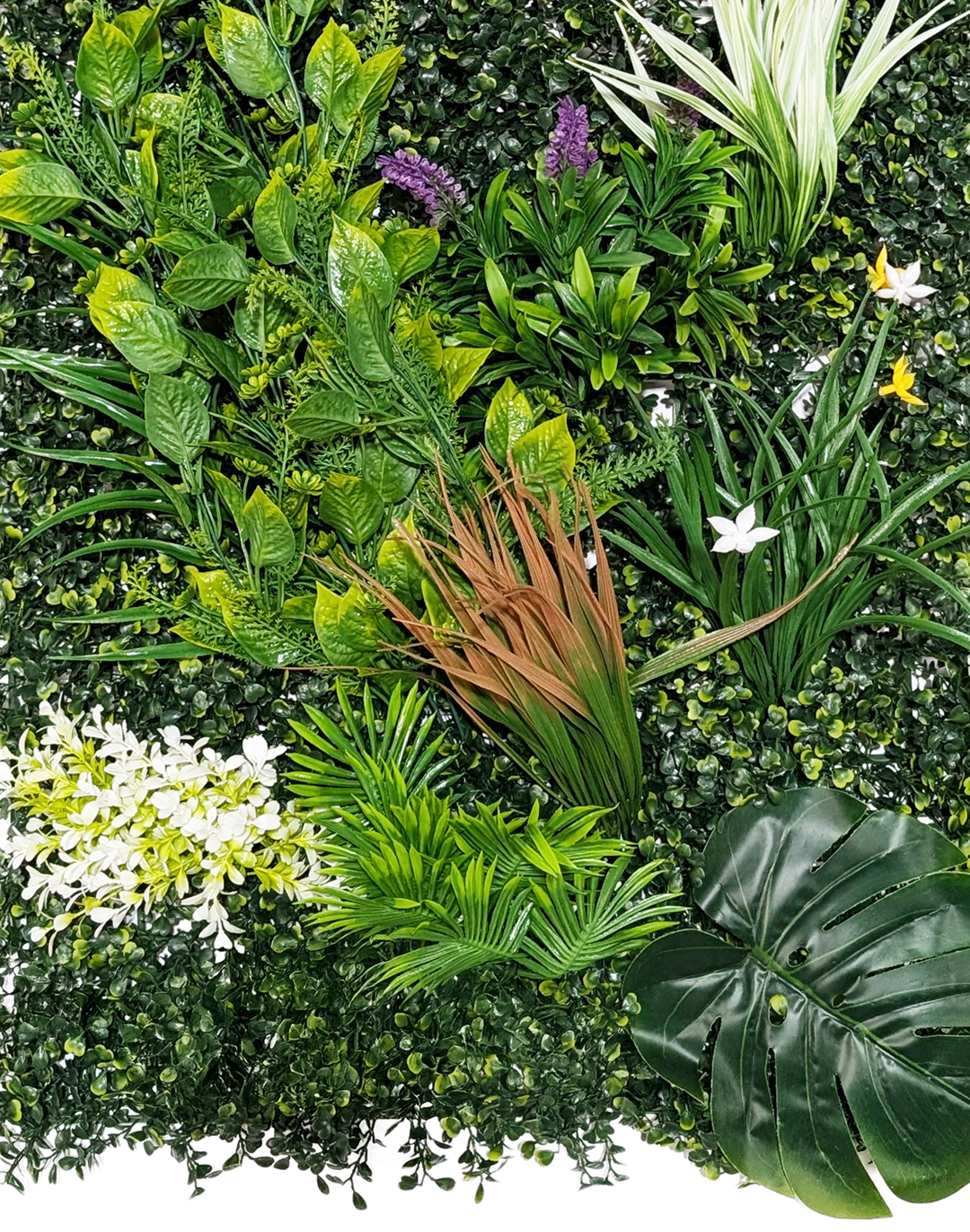 Pflanzenwand - Majestic Garden (262) - 50x100 cm Künstliche Pflanzenwand Verdant Aura mit tropischen Blättern und Blüten als grüne Wanddekoration