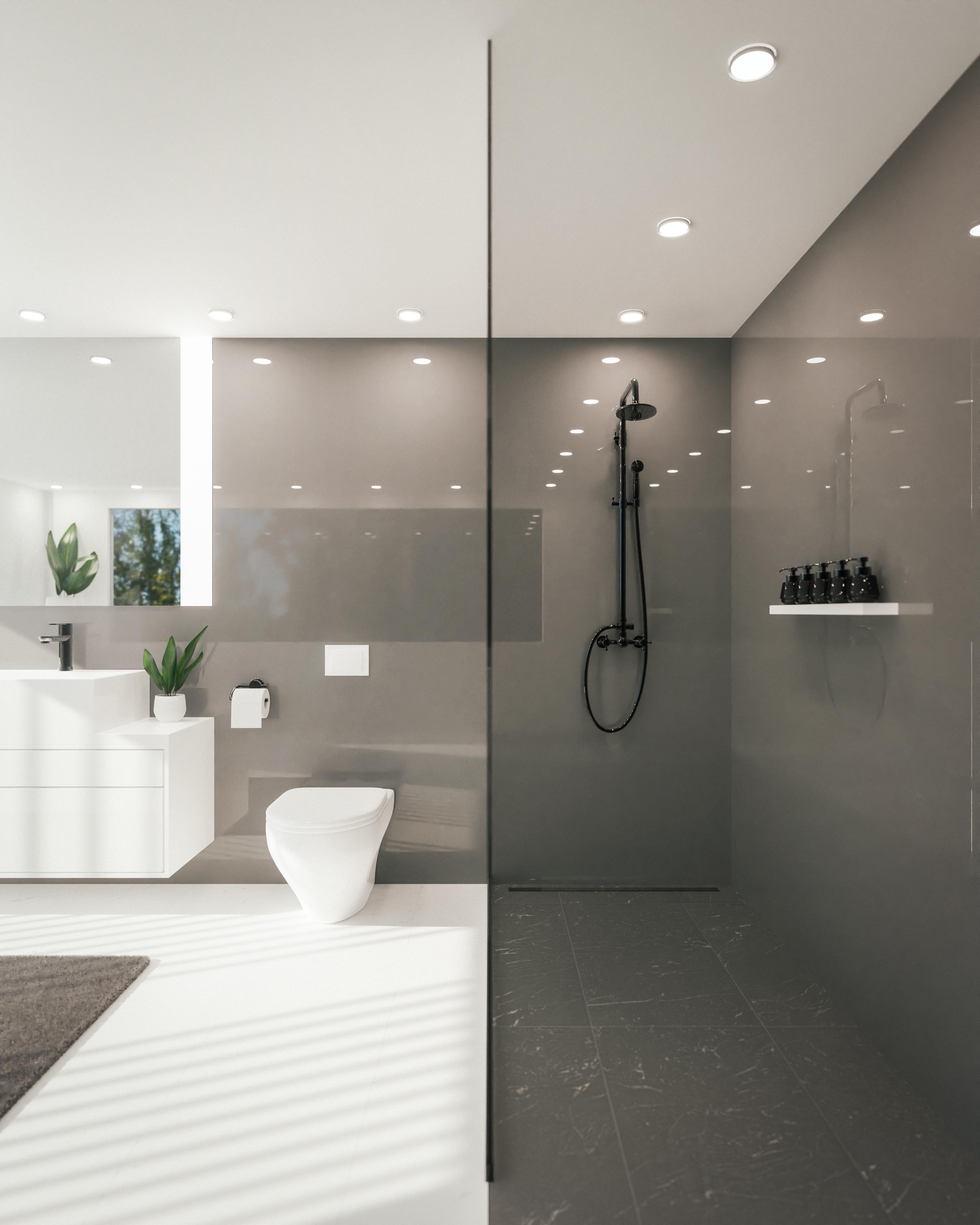 PVC-Paneel - Dunkelgrau (182) - Glänzend - 288x122 cm AKUSTIL PVC Wandpaneel Dunkelgrau Glanz im modernen Badezimmer mit Dusche und weißen Sanitärobjekten