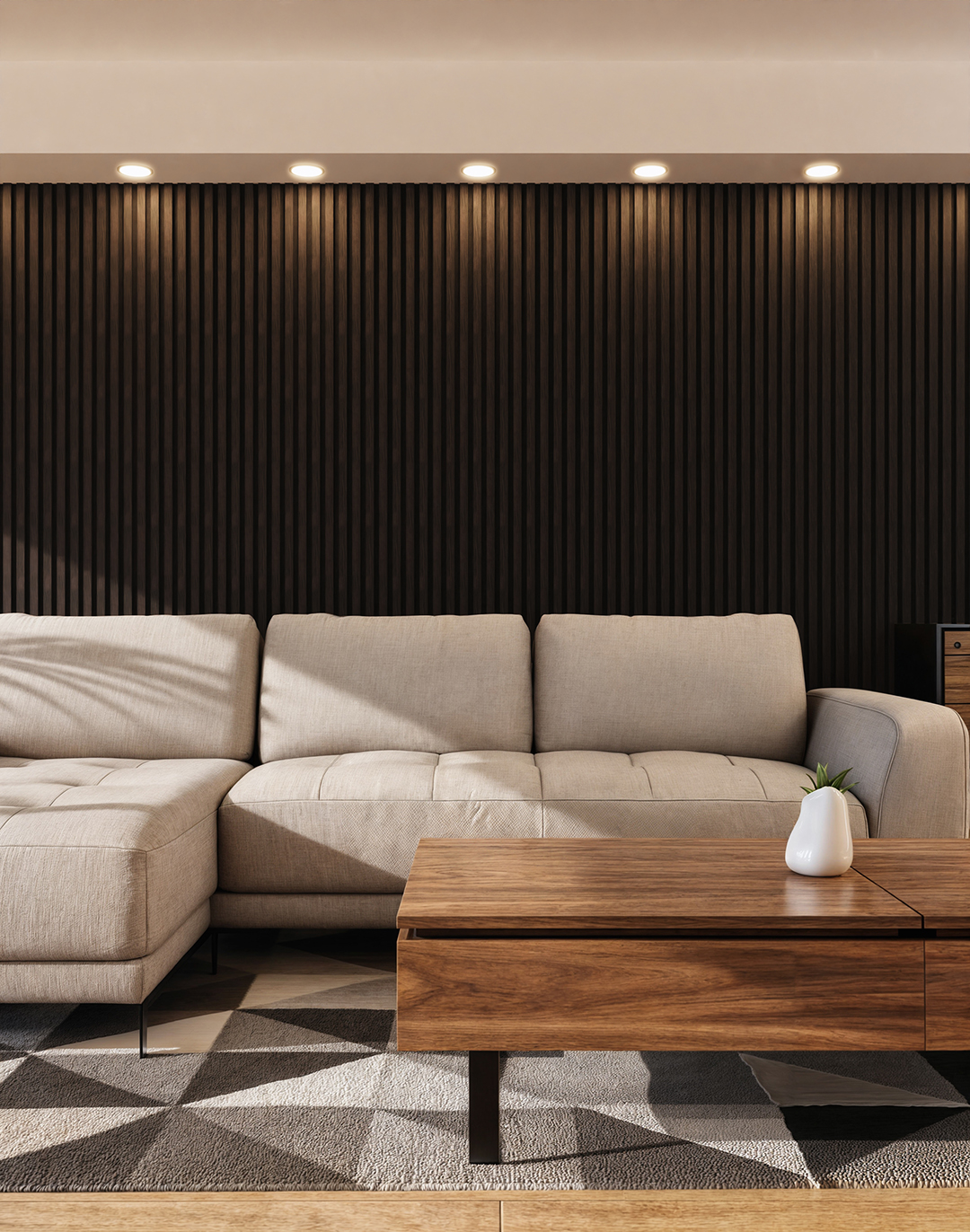 Akustikpaneel Classic - Black Ash (05) - 240x60 cm Schwarze Holz-Akustikpaneele Black Ash im modernen Wohnzimmer hinter beigem Sofa – AKUSTIL DZ19