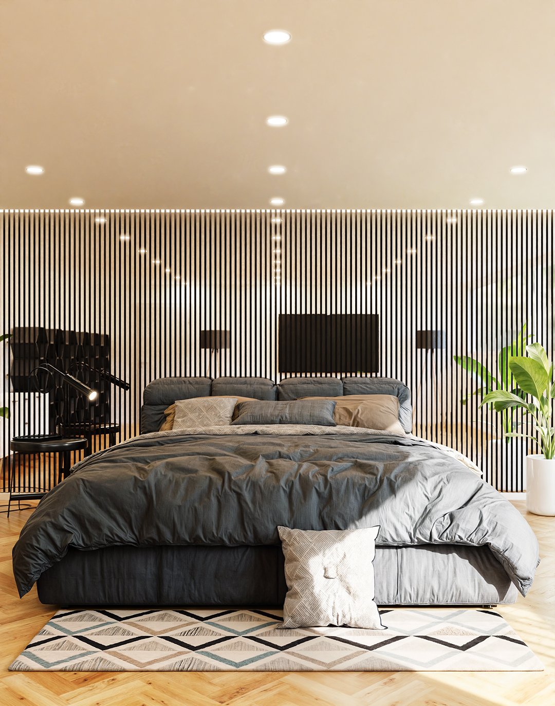 Akustikpaneel Classic - Mirror (77) - 240x60 cm Schlafzimmer mit hellen Holz-Akustikpaneelen als Wandverkleidung hinter Doppelbett mit grauer Bettwäsche