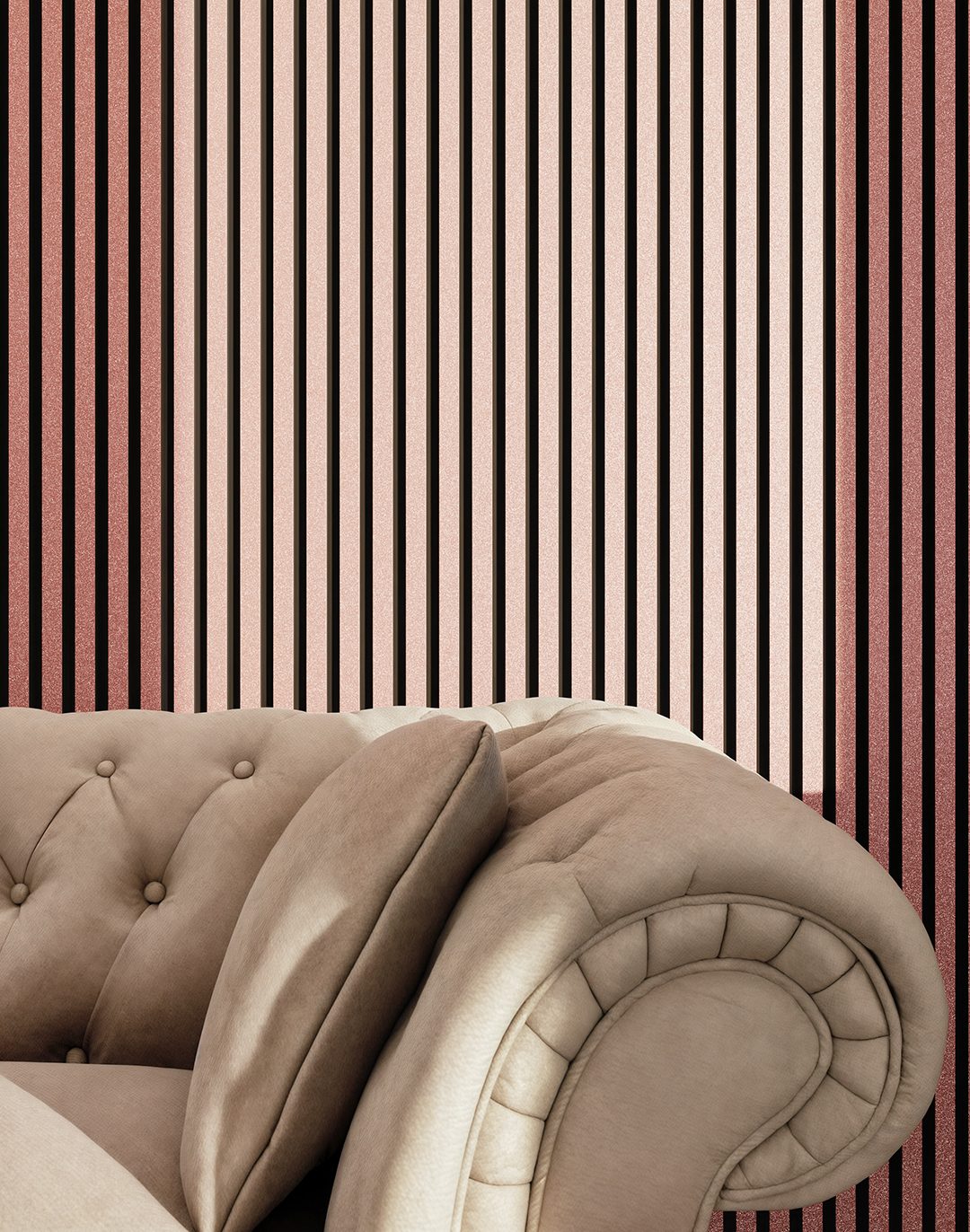 Akustikpaneel Classic - Pink Glitzer Filz: Schwarz - Muster Akustikpaneel Pink Glitter Wandverkleidung mit schwarzen Leisten hinter beigem Chesterfield Sofa Wohnzimmer