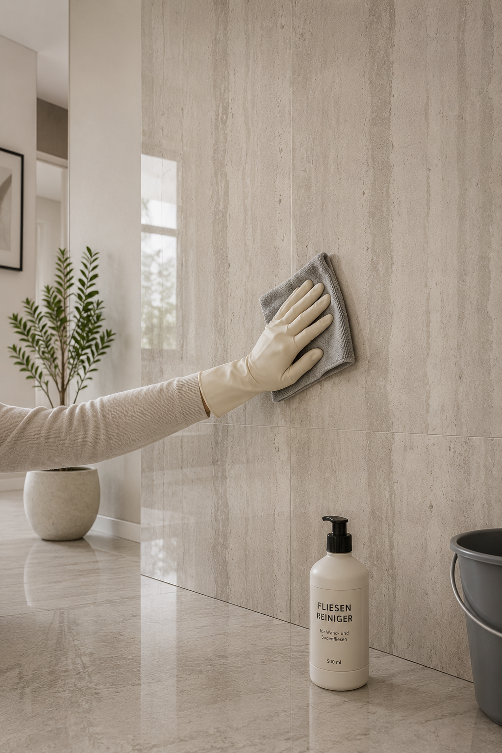 PVC Wandpaneel in Beige-Grau wird mit Handschuh und Tuch gereinigt – pflegeleichte Wandverkleidung