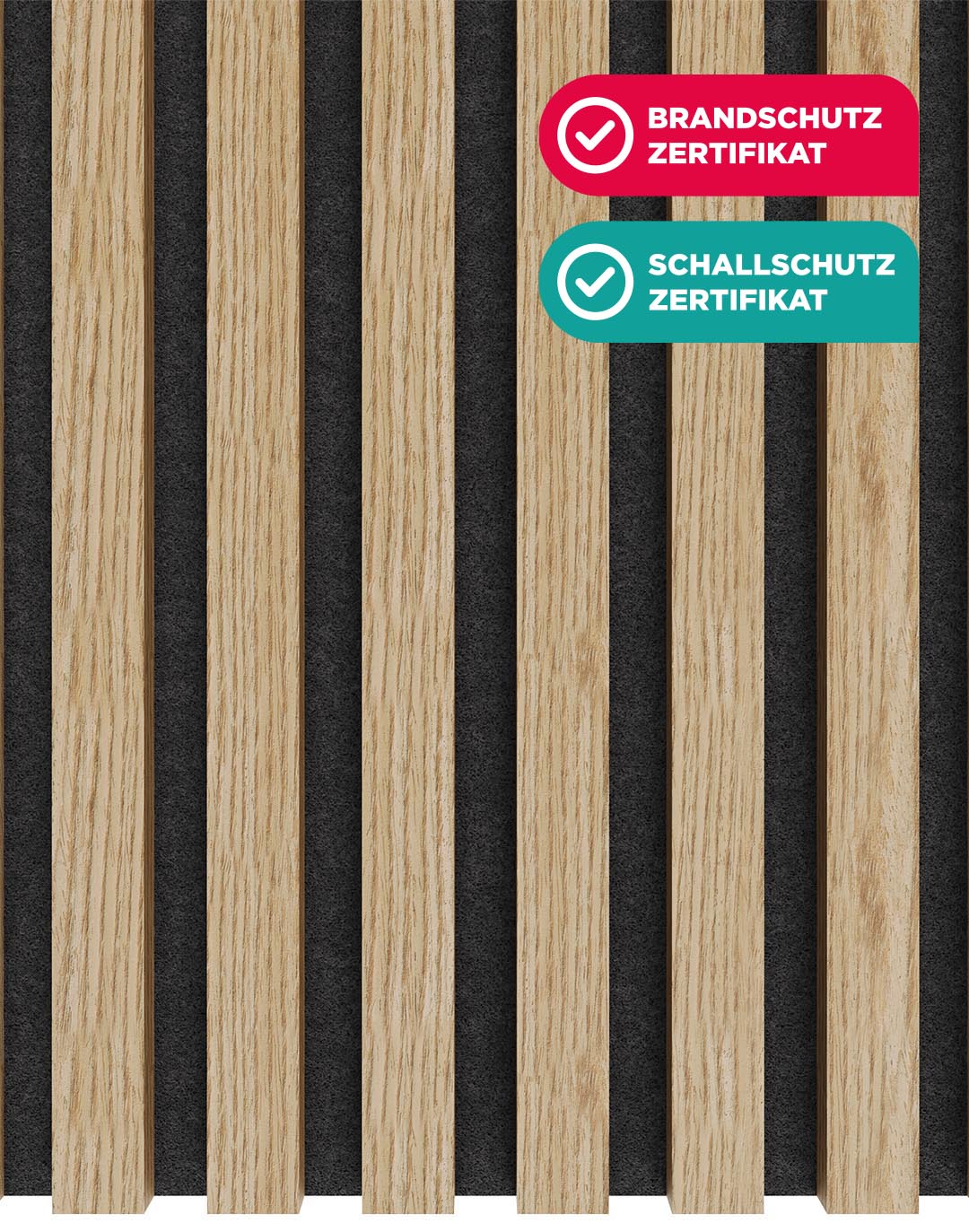 Akustikpaneel Classic - Eiche Gestreift Filz: Schwarz - 260x60 cm Akustikpaneel Eiche Holzlamellen mit schwarzem Filz Schallschutz Brandschutz zertifiziert AKUSTIL