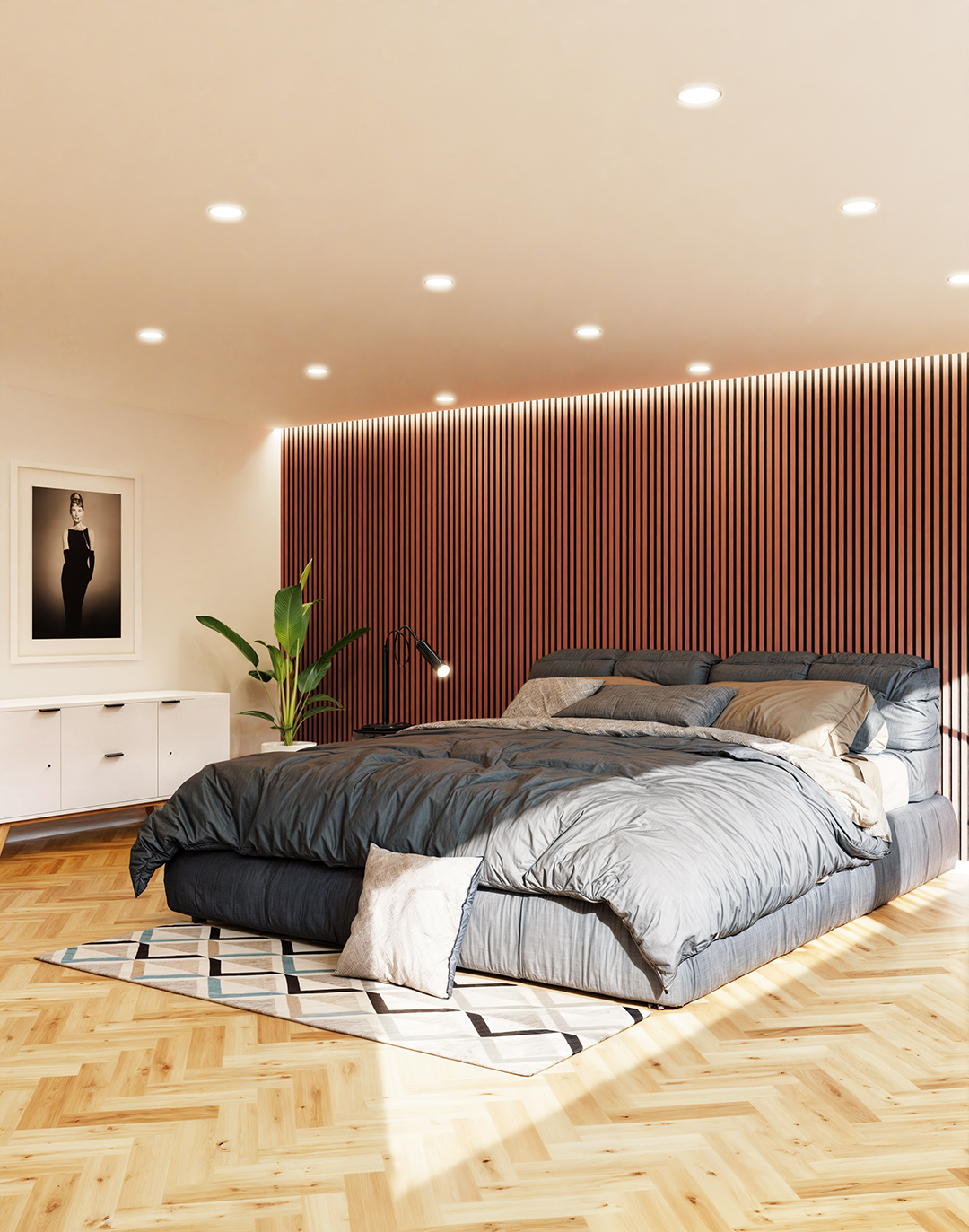 Akustikpaneel Classic - Coral Red (76) - 240x60 cm Coral Red Holz-Akustikpaneel DZ12 als Wandverkleidung im modernen Schlafzimmer mit Beleuchtung