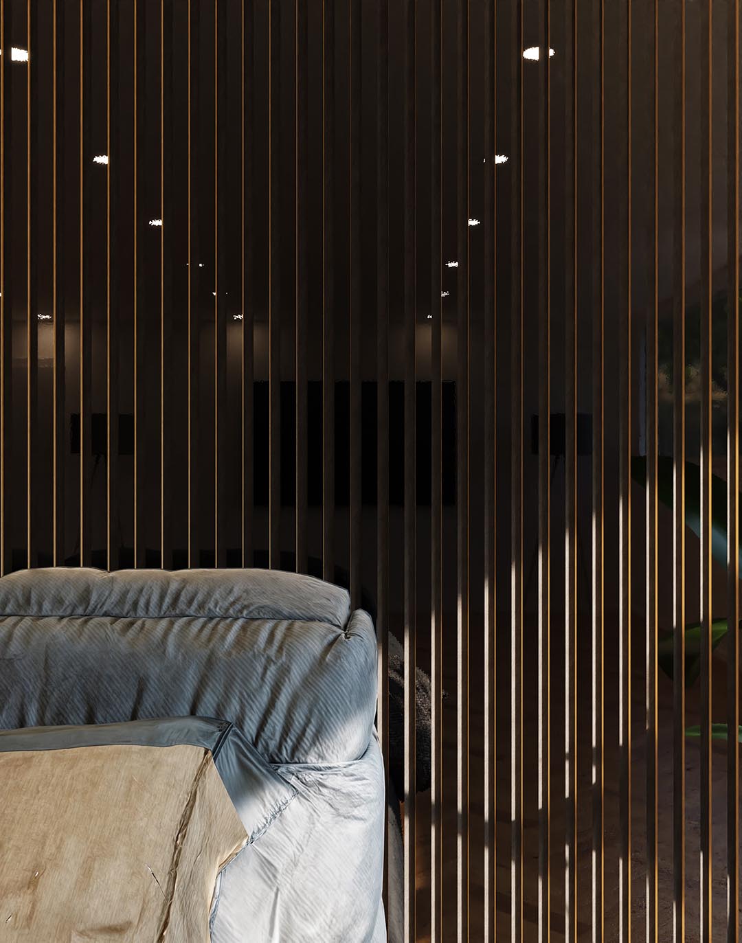 Akustikpaneel Classic - Mirror Black (78) - 240x60 cm Schwarze glänzende PVC Wandpaneele mit goldenen Leisten im modernen Schlafzimmer AKUSTIL Mirror Black