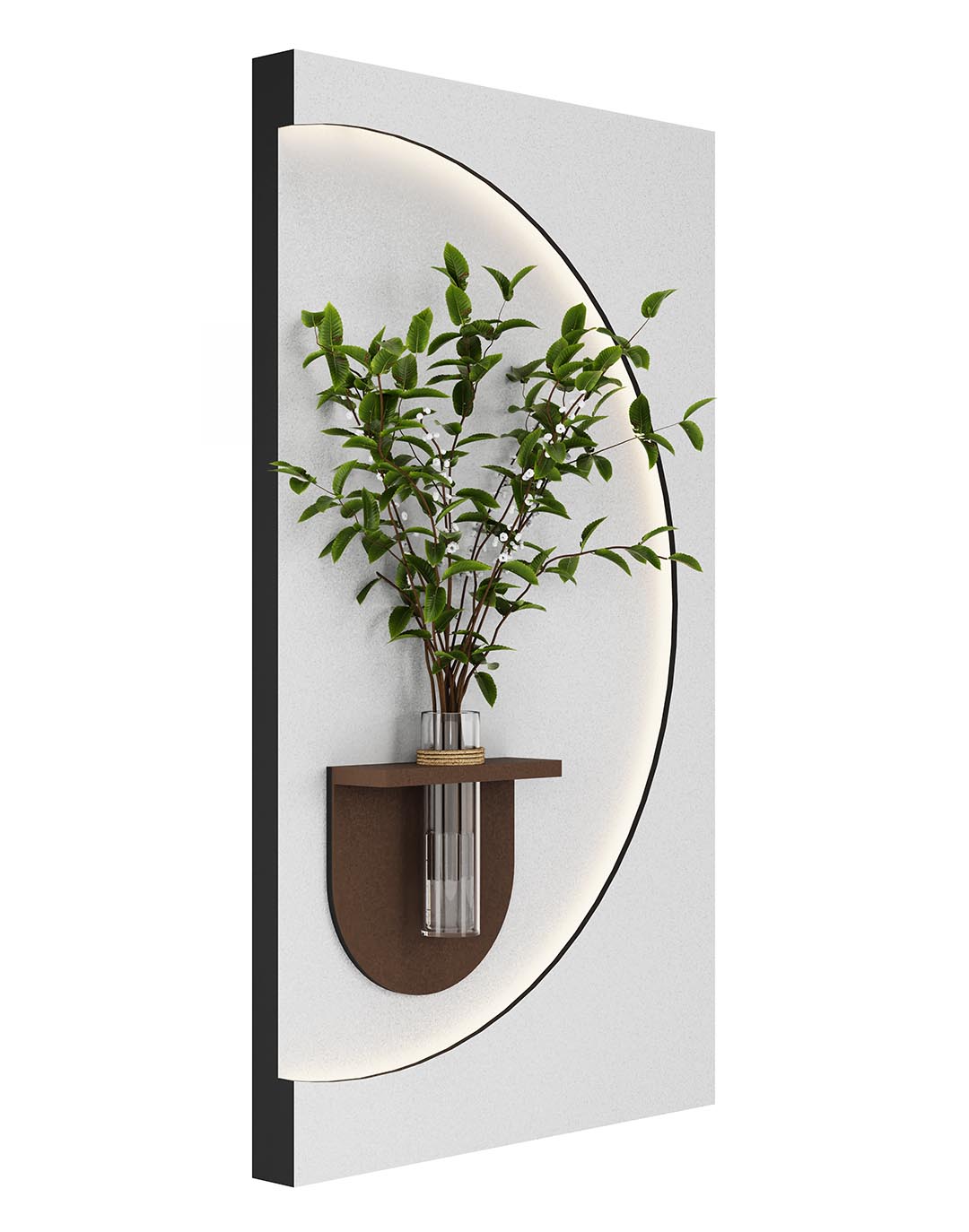 AKUSTIL Wandbild weiß braun mit Pflanzenwand, Rundbogen-Design, LED-Beleuchtung, dekoratives PVC Wandpaneel