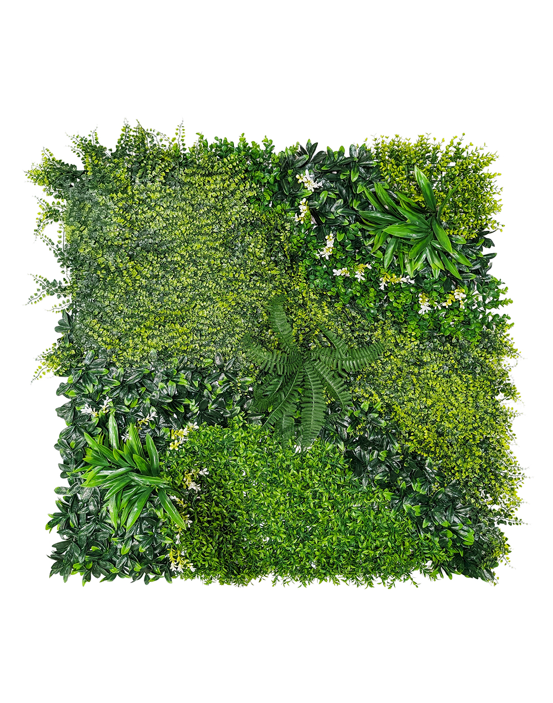 Pflanzenwand - Emerald Breeze (253) - 100x100 cm Künstliche Pflanzenwand Emerald Breeze grün mit Farn und weißen Blüten für Innenbereich
