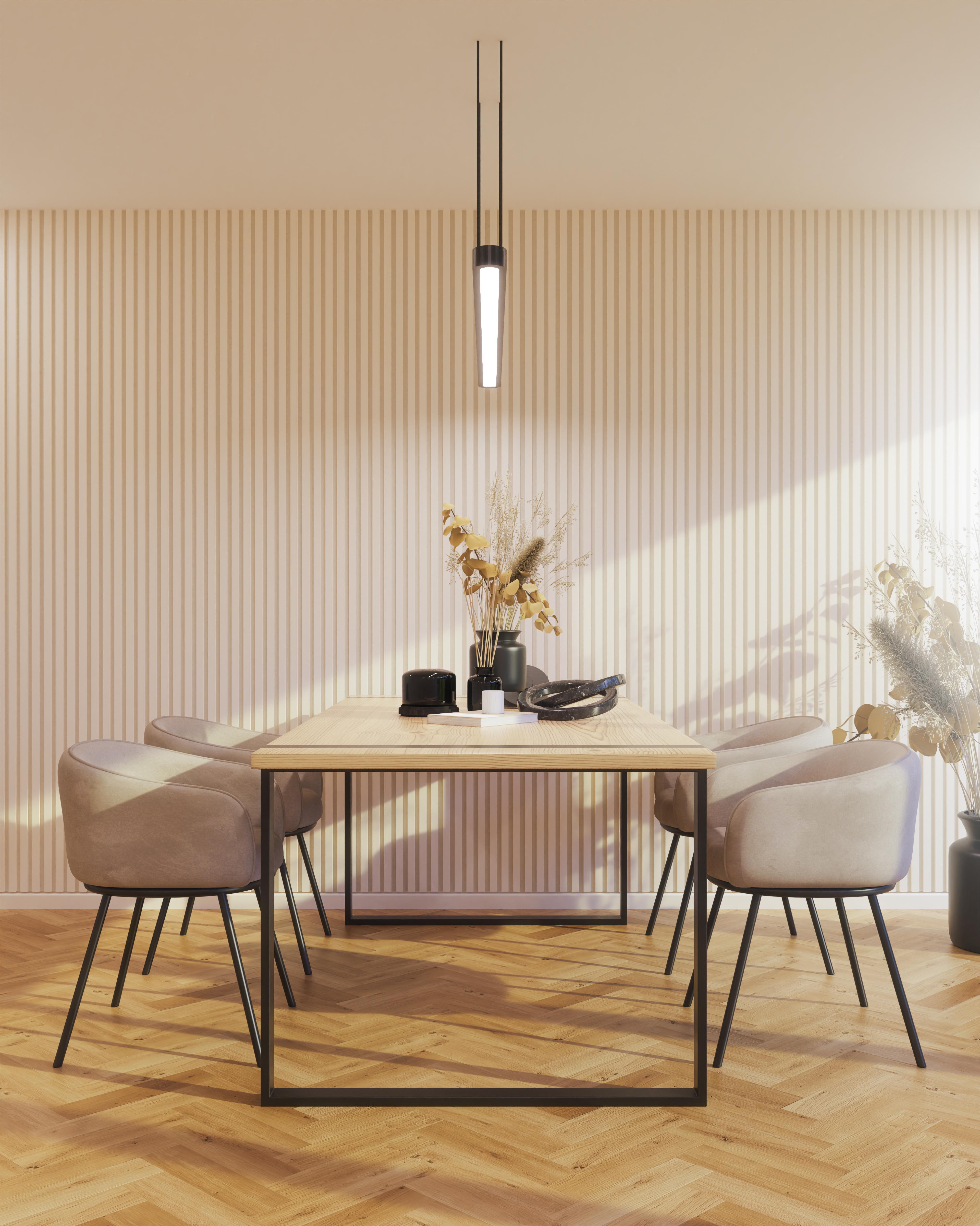 Akustikpaneele Mono Line Beige im modernen Esszimmer mit Holztisch und Designerstühlen