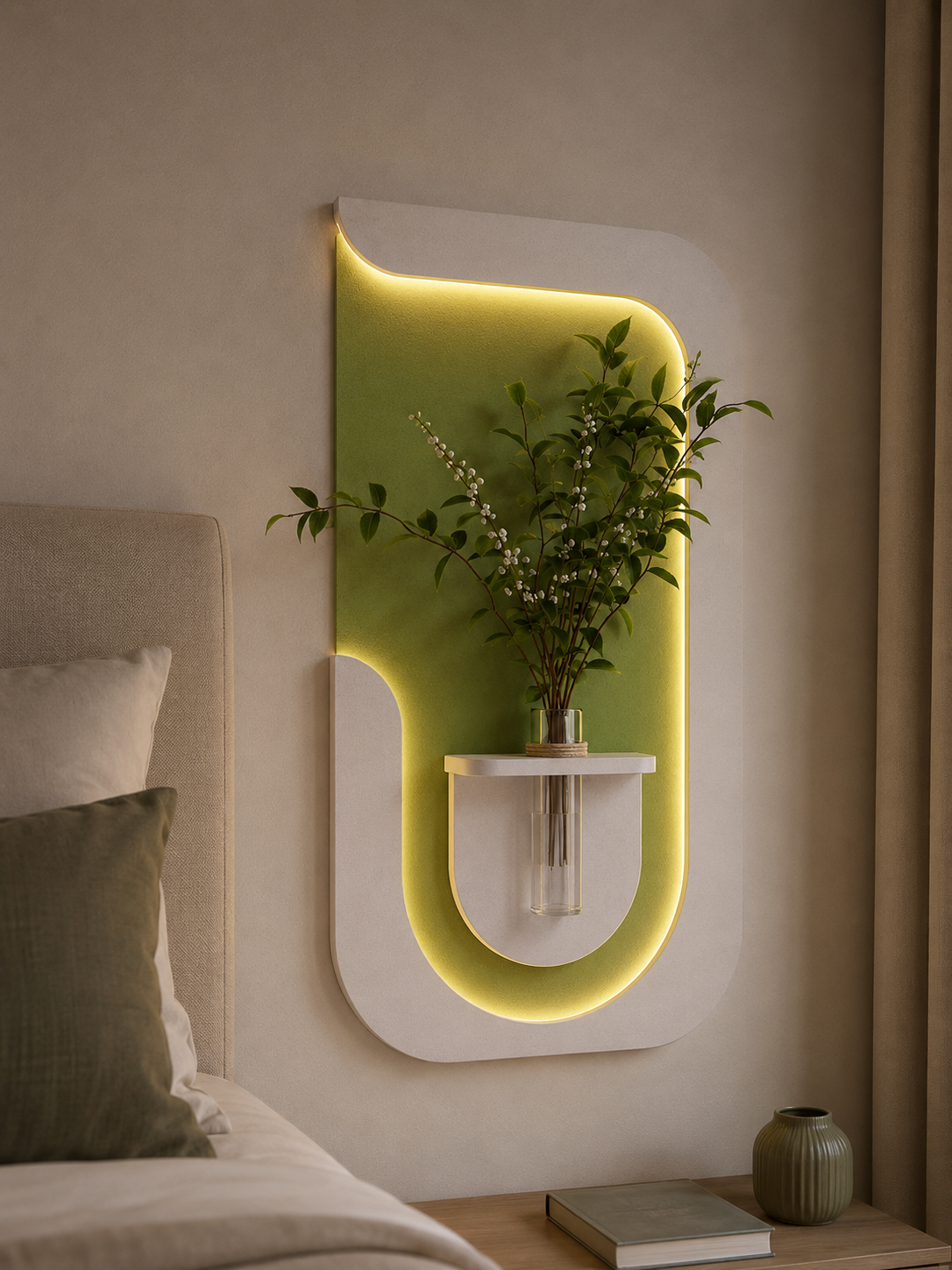AKUSTIL Akustikpaneel Schlafzimmer grün mit LED-Beleuchtung und Pflanzenwand als moderne Wanddeko