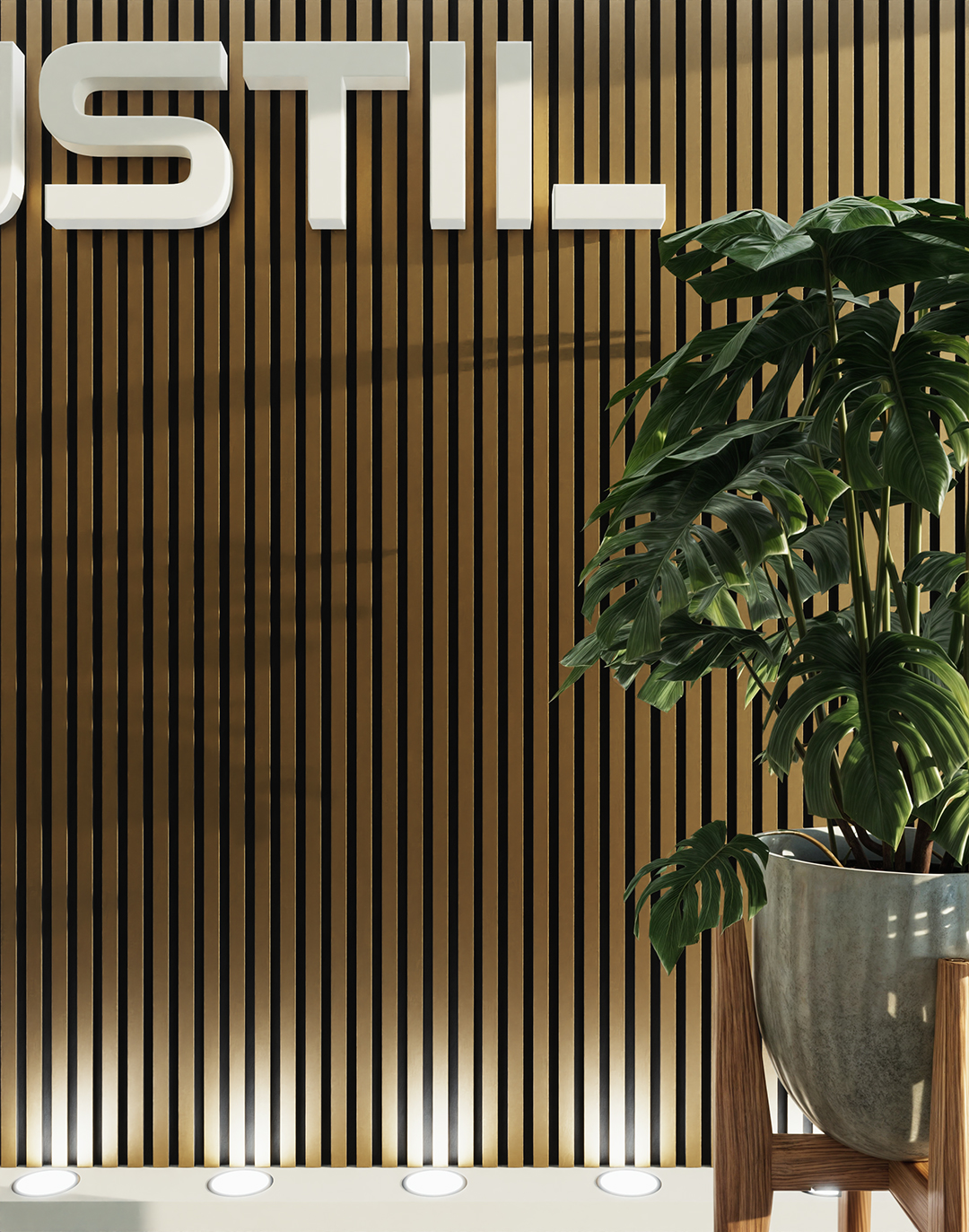 Akustikpaneel Classic - Brushed Gold (55) - 240x60 cm AKUSTIL Holz-Akustikpaneel Brushed Gold mit Monstera Pflanze – goldenes Wandpaneel für Büro und Wohnraum