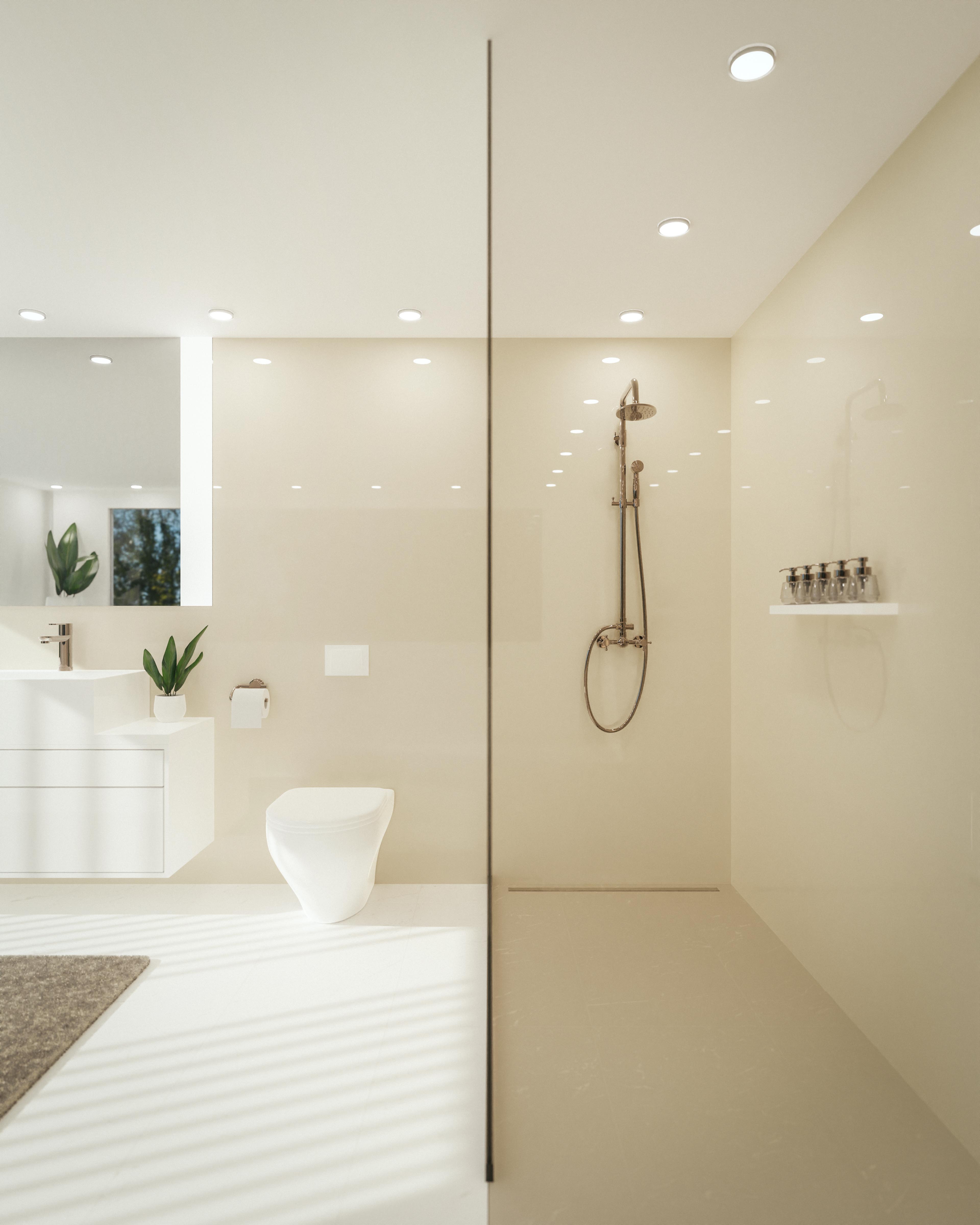 PVC-Paneel - Beige (184) - Glänzend - 288x122 cm PVC Wandpaneel Beige Glanz im modernen Badezimmer – glatte Hochglanzwand von AKUSTIL als edles Wanddesign