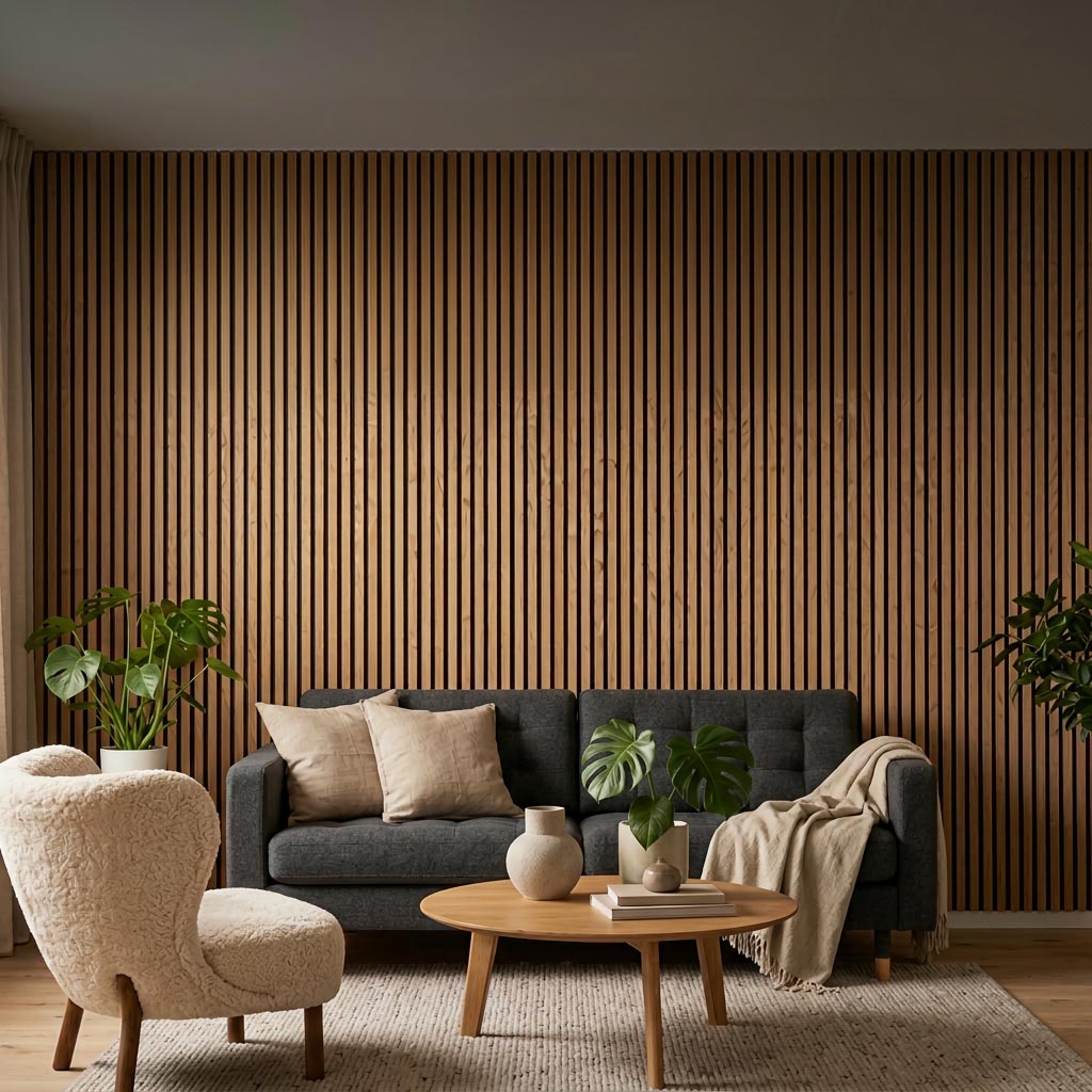 Wie viele Akustikpaneele brauche ich? – Rechner & Anleitung AKUSTIL Holz-Akustikpaneele natur braun vertikale Lamellen Wohnzimmer Wandverkleidung Echtholz Design