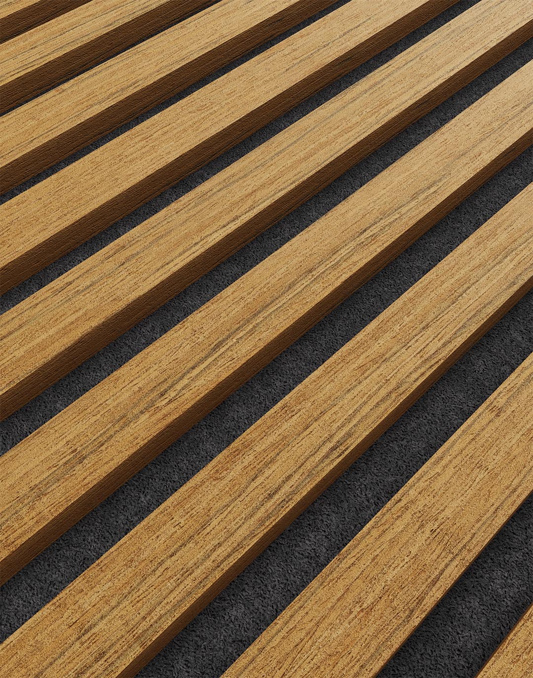 Akustikpaneel Wooden Line Teak Warm mit schwarzem Filz Hintergrund Holzlamellen Wandpaneel AKUSTIL