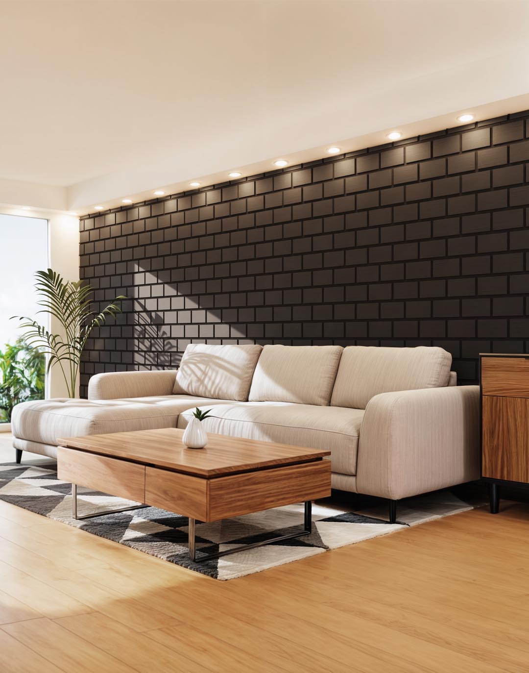 Akustikpaneel Bricks - Graphite Black (15) - Muster Graphit schwarzes PVC Wandpaneel Bricks Design im modernen Wohnzimmer mit Sofa und Holzboden