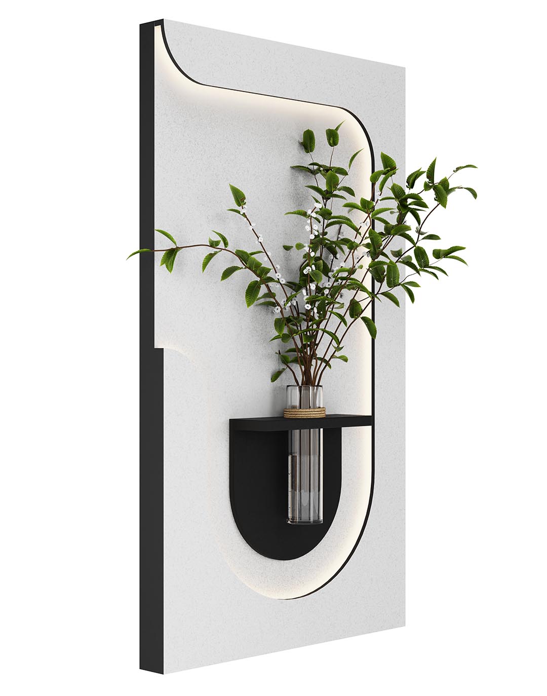 LED Wanddekoration mit Vase - Weiß/Schwarz - 60x105 cm AKUSTIL Wandbild Akustikpaneel weiß schwarz mit Pflanzenhalter und LED-Beleuchtung für Wohnraum