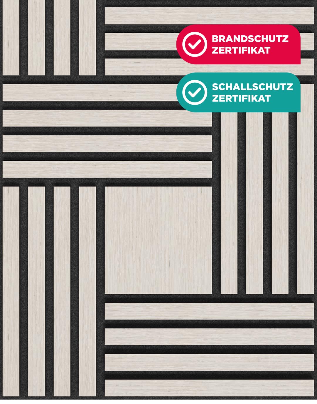 Akustikpaneel Vectra Blonde Ash mit Brandschutz und Schallschutz Zertifikat – geometrisches Holzdekor schwarz-beige