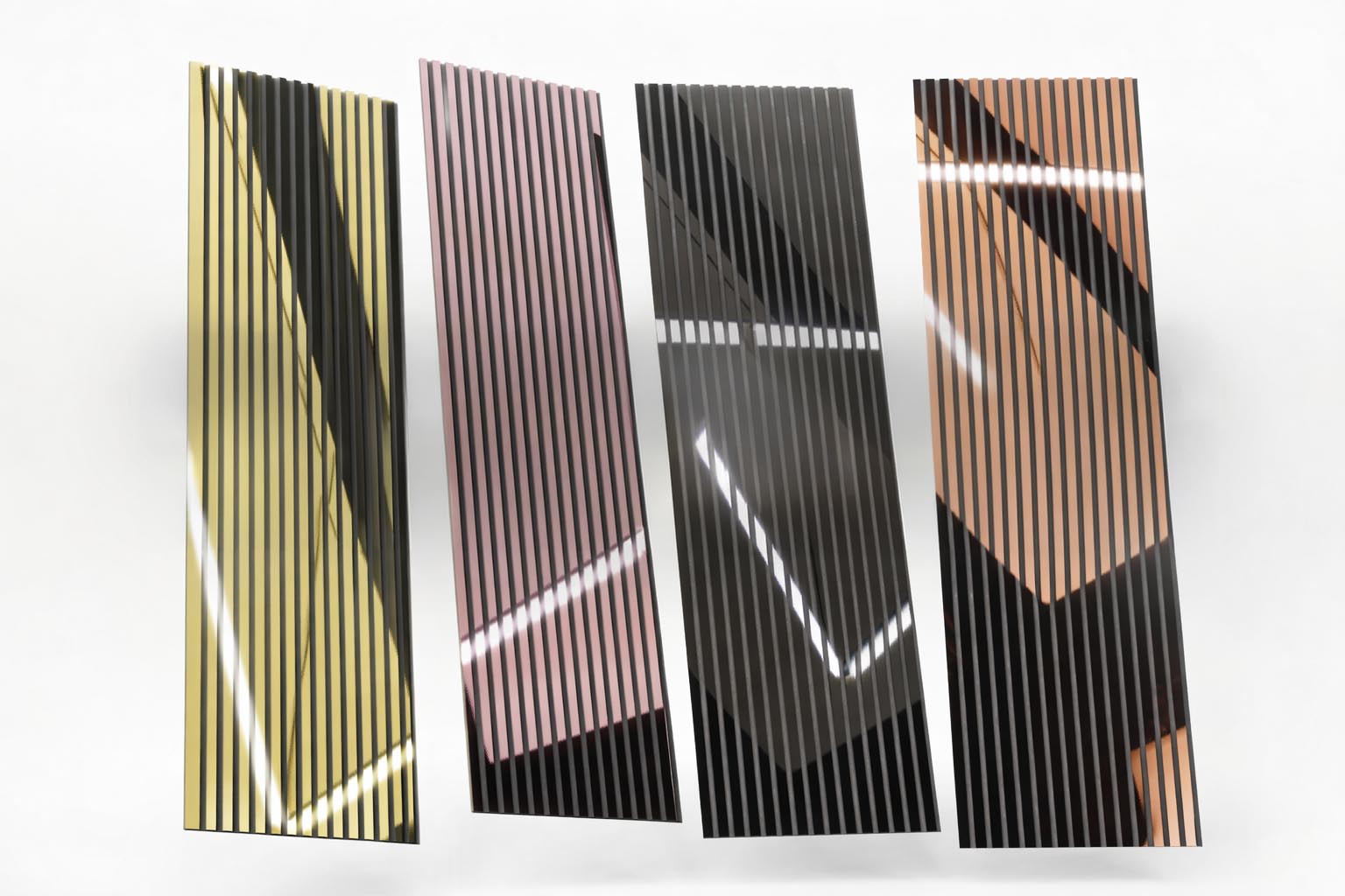 Spiegel-Akustikpaneel: Die Erfindung hinter dem MIRROR Design AKUSTIL Spiegel Akustikpaneele in Gold Rosa Schwarz Kupfer mit Rillenstruktur für moderne Wandgestaltung