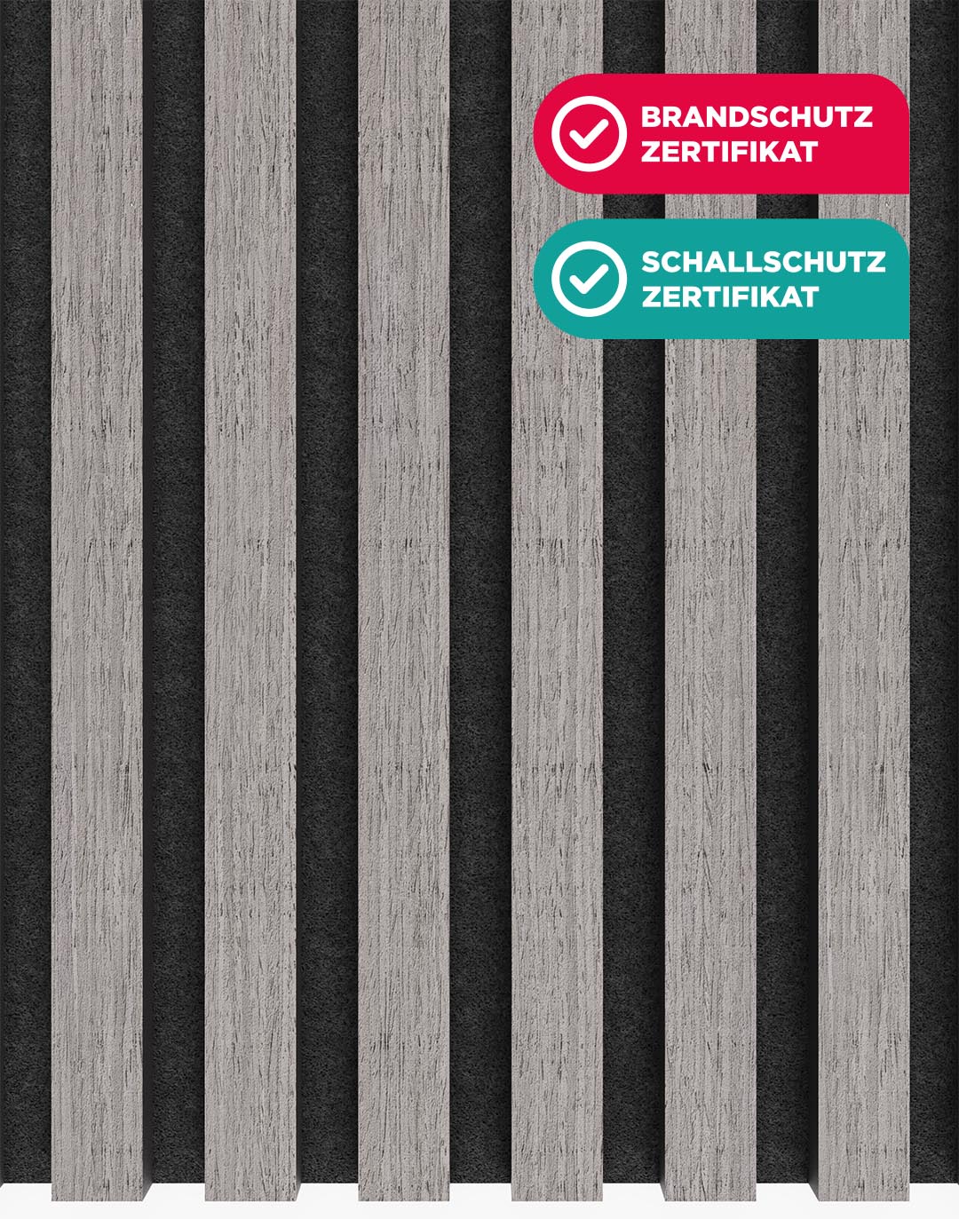 Akustikpaneel Classic - Eiche Grau Filz: Schwarz - 260x60 cm AKUSTIL Holz-Akustikpaneel Wooden Line Eiche Grau mit schwarzem Filz Wandpaneel Brandschutz Schallschutz