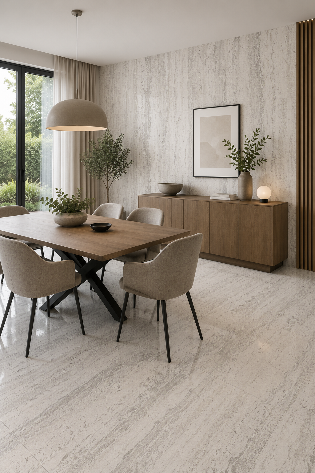 bone_matt_esszimmer PVC Wandpaneel Bone Matt im Esszimmer – helle Marmor-Optik an Wand und Boden mit Holzmöbeln