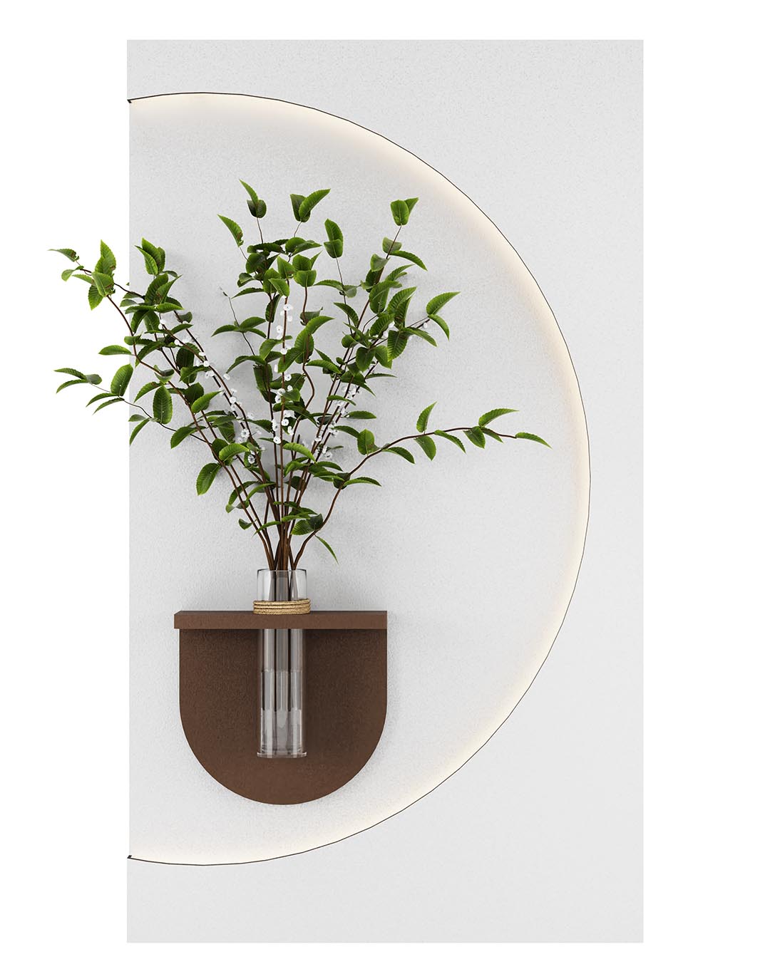 AKUSTIL Wandbild Pflanzenwand weiß braun mit Holzregal und Glasvase dekoratives Wandpaneel Wohnraum