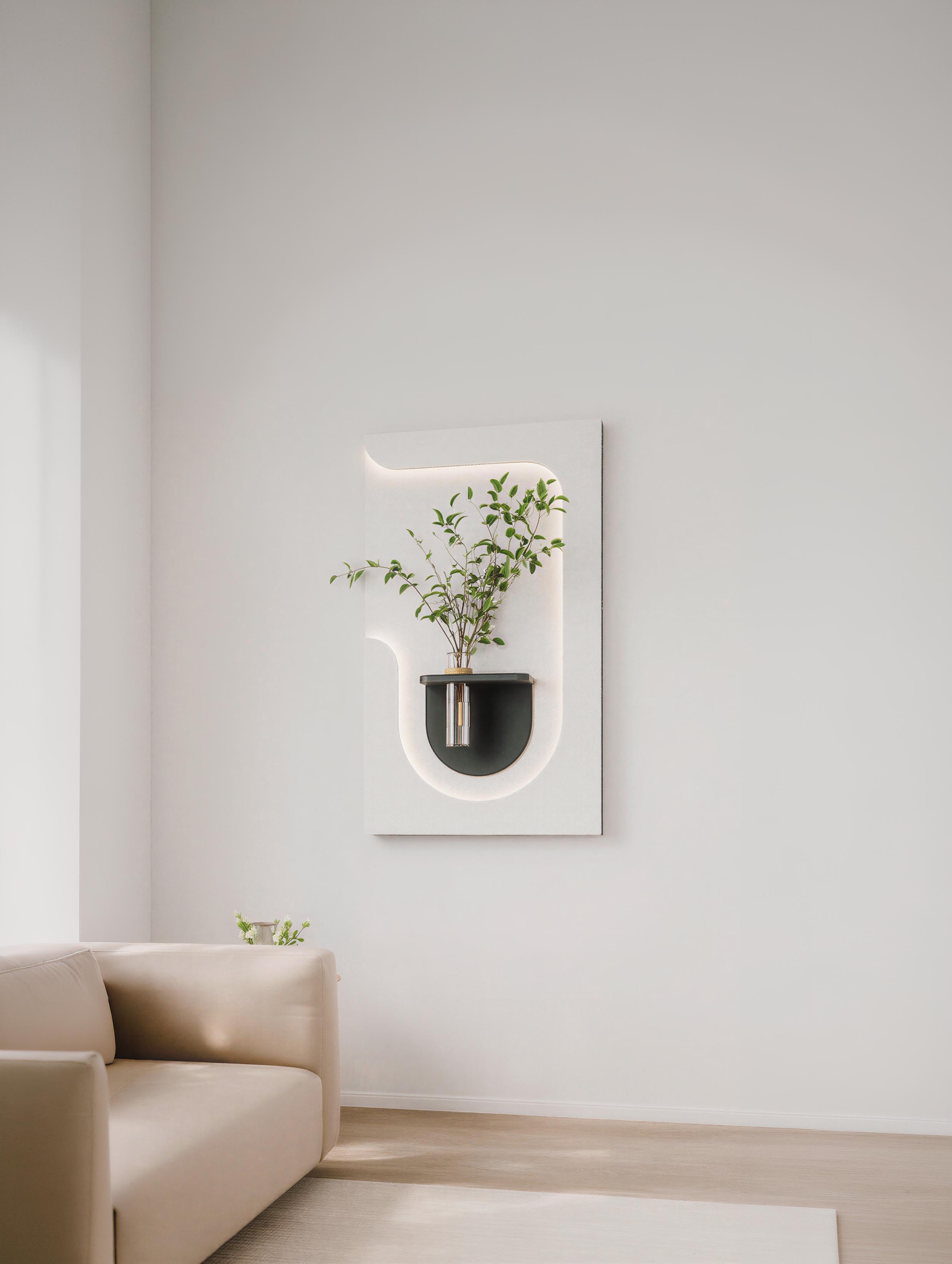 led_wanddeko_banner_(2) AKUSTIL LED Wandpaneel weiß mit Pflanzenwand grün Wohnzimmer moderne Wanddeko PVC Panel