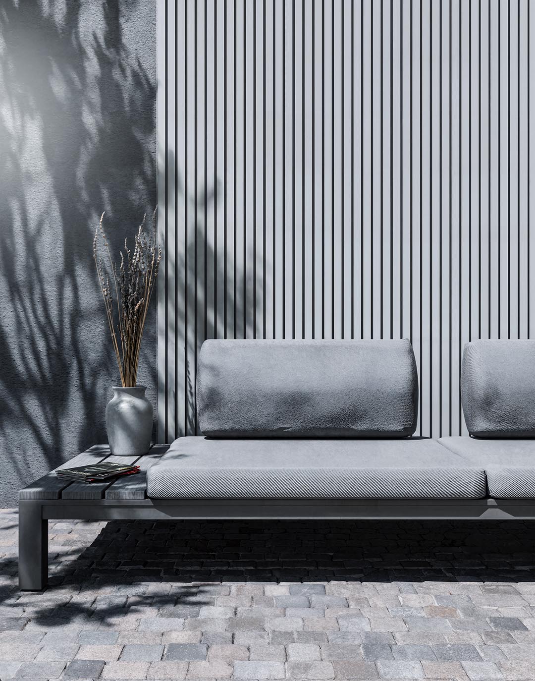 WPC Wandpaneel Silbergrau als Außenwandverkleidung mit moderner Outdoor-Lounge auf Steinboden