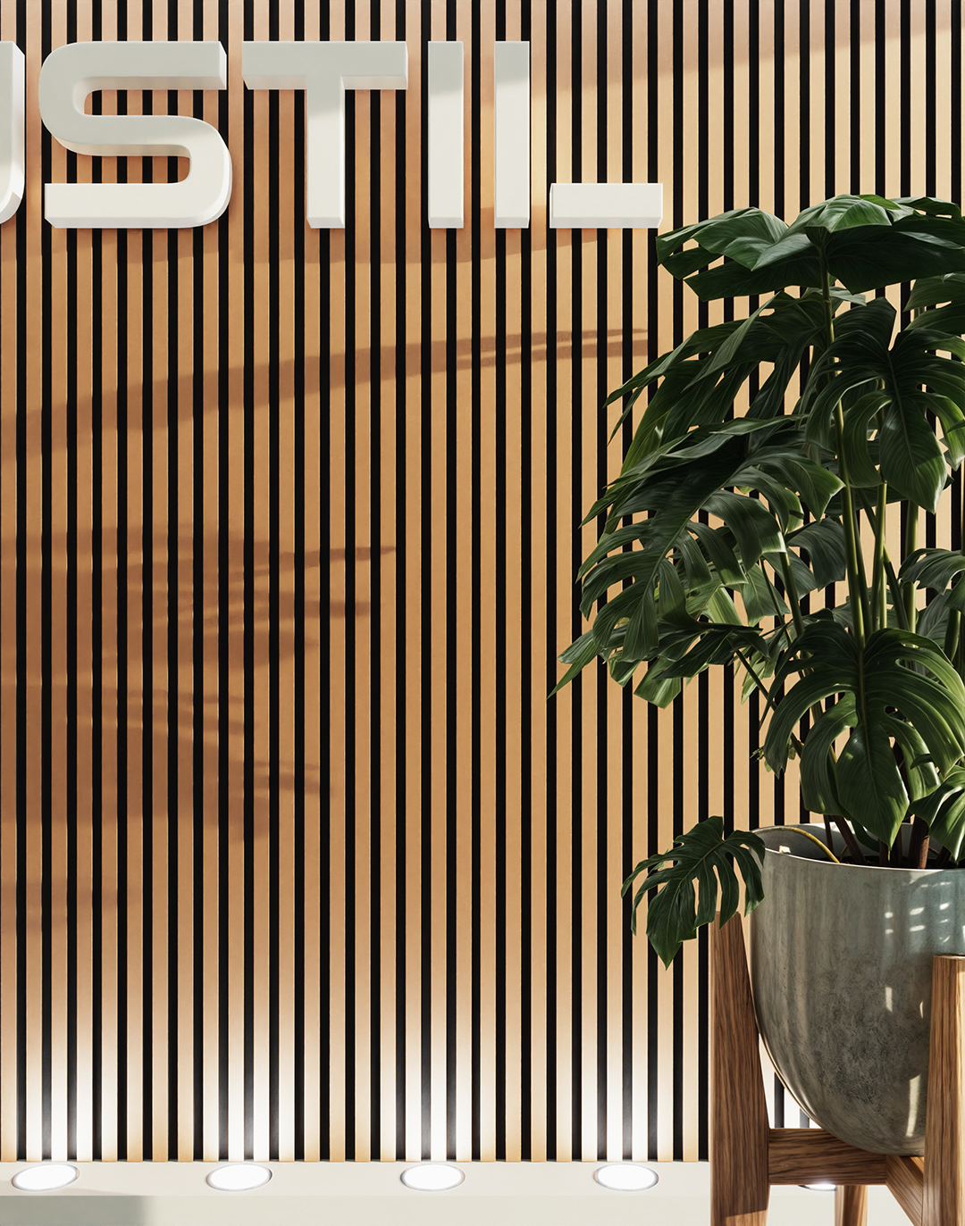 Akustikpaneel Classic - Brushed Copper (54) - 240x60 cm AKUSTIL Holz-Akustikpaneel Brushed Copper mit schwarzen Leisten als Büro-Wandverkleidung mit Monstera Zimmerpflanze