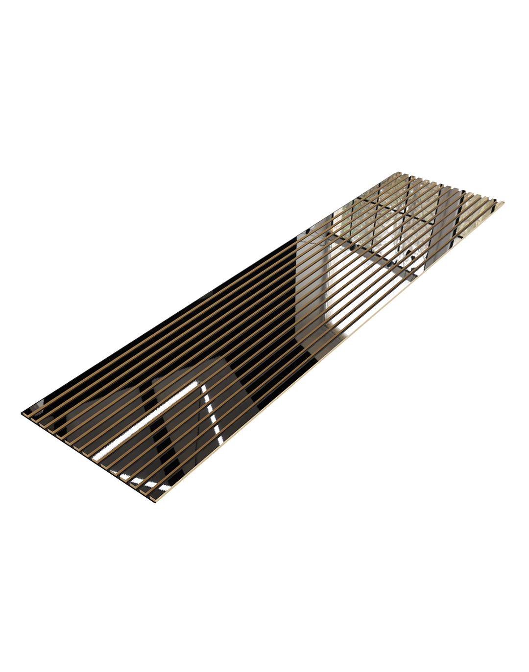 Akustikpaneel Classic - Mirror Black (78) - 240x60 cm AKUSTIL Akustikpaneel Mirror Black Holzlamellen schwarz-gold glänzend 3D-Ansicht Wandverkleidung