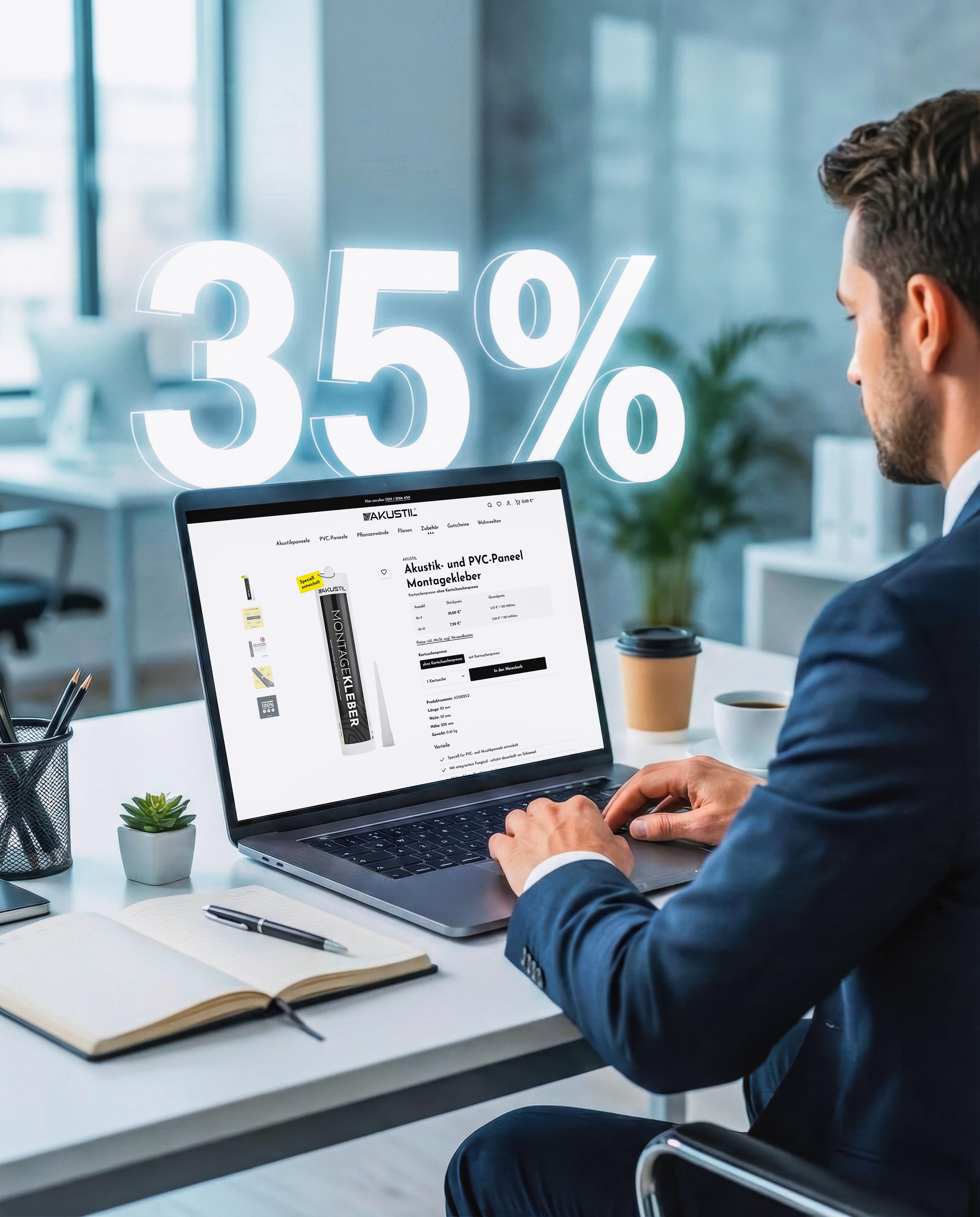 Bis zu 35% Rabatt für Händler! Geschäftsmann bestellt AKUSTIL Montagekleber für PVC-Wandpaneele online mit 35% Händlerrabatt
