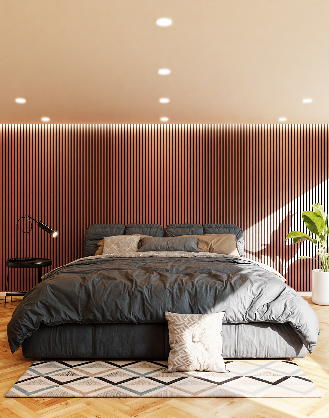 Akustikpaneel Classic - Coral Red (76) - 240x60 cm Coral Red Holz-Akustikpaneel DZ12 als Wandverkleidung im modernen Schlafzimmer AKUSTIL