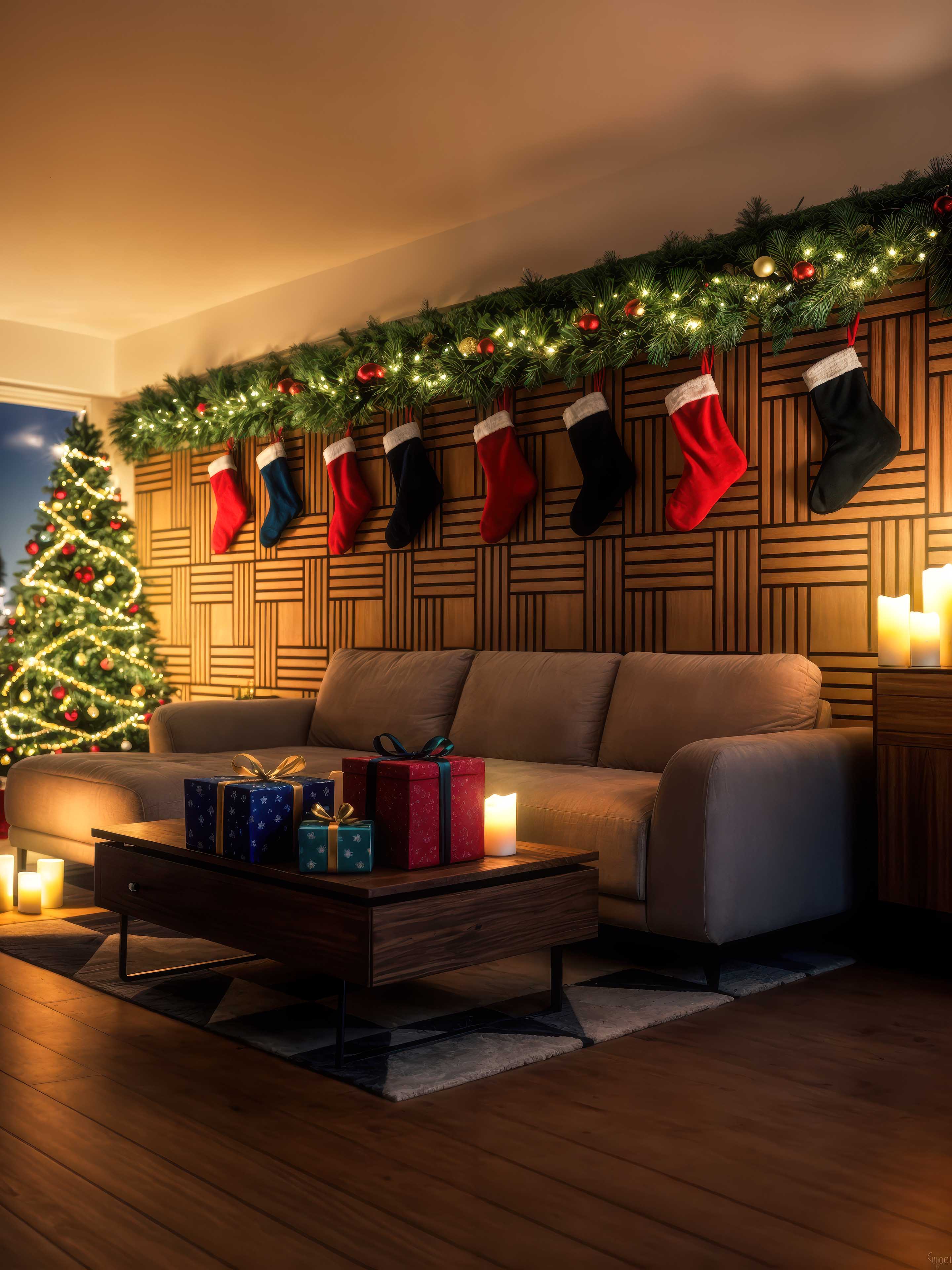 XMAS Special - 10% Rabatt auf deinen Warenkorb! Wohnzimmer mit Holz-Akustikpaneelen an der Wand, Weihnachtsdeko, Strümpfe und beleuchteter Tannenbaum