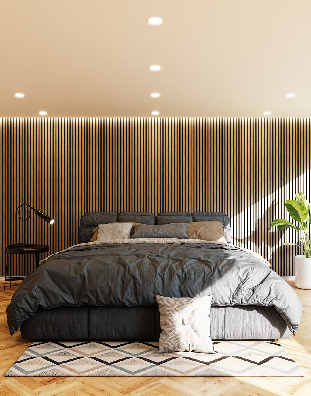 Akustikpaneel Classic - Soft Stone Filz: Schwarz - 240x60 cm Holz-Akustikpaneel Soft Stone 5 im Schlafzimmer – vertikale Holzlatten Wandverkleidung beige naturbraun AKUSTIL