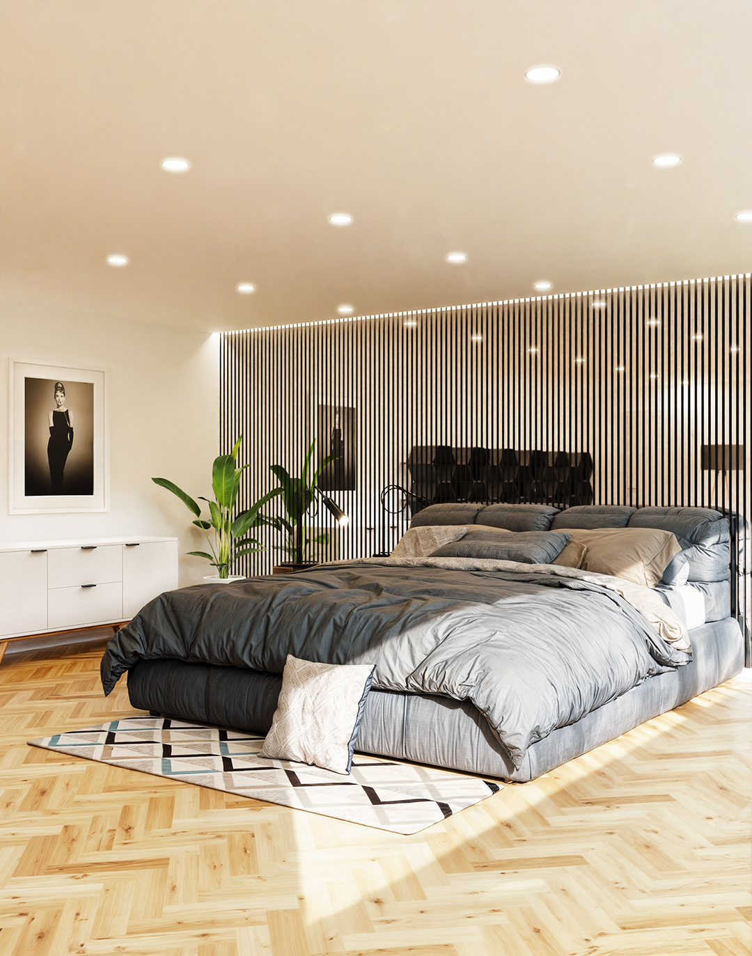 Akustikpaneel Classic - Mirror (77) - 240x60 cm Holz-Akustikpaneele hell im modernen Schlafzimmer als Wandverkleidung hinter Bett mit Beleuchtung