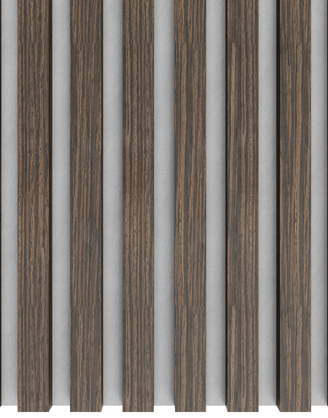 Akustikpaneel Classic - Zebrano Grau (10) - 240x60 cm Akustikpaneel Zebrano Grau mit dunklen Holzlamellen auf grauem Filz-Hintergrund für Wand-Innenausbau