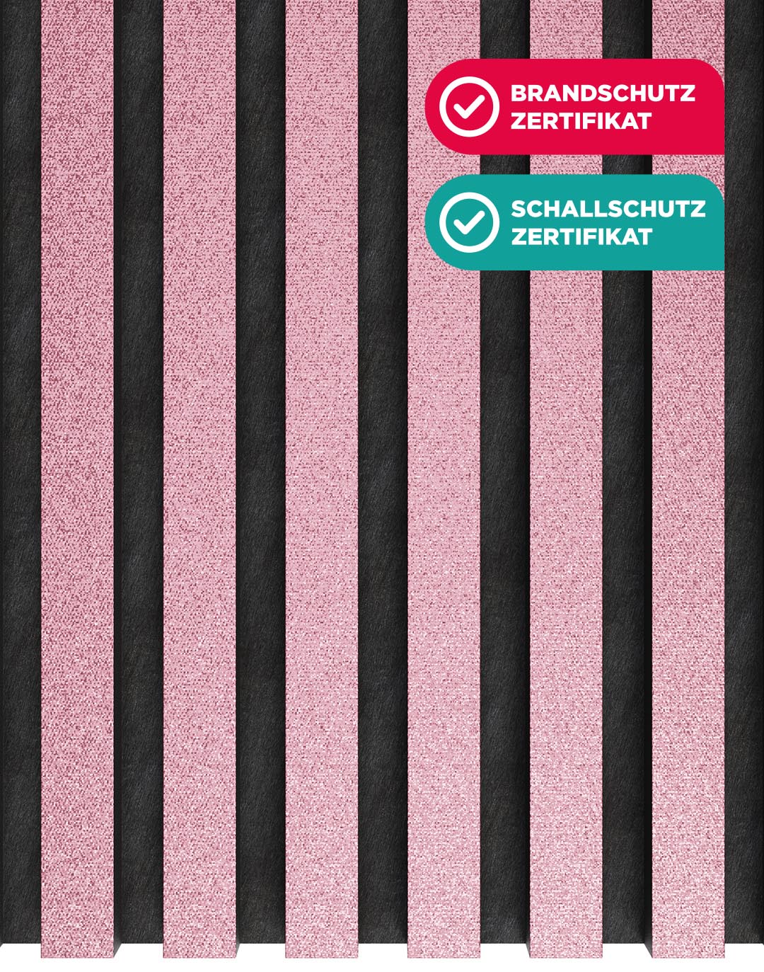 Akustikpaneel Pink Glitter schwarze Holzlamellen Wandpaneel Brandschutz Schallschutz zertifiziert AKUSTIL