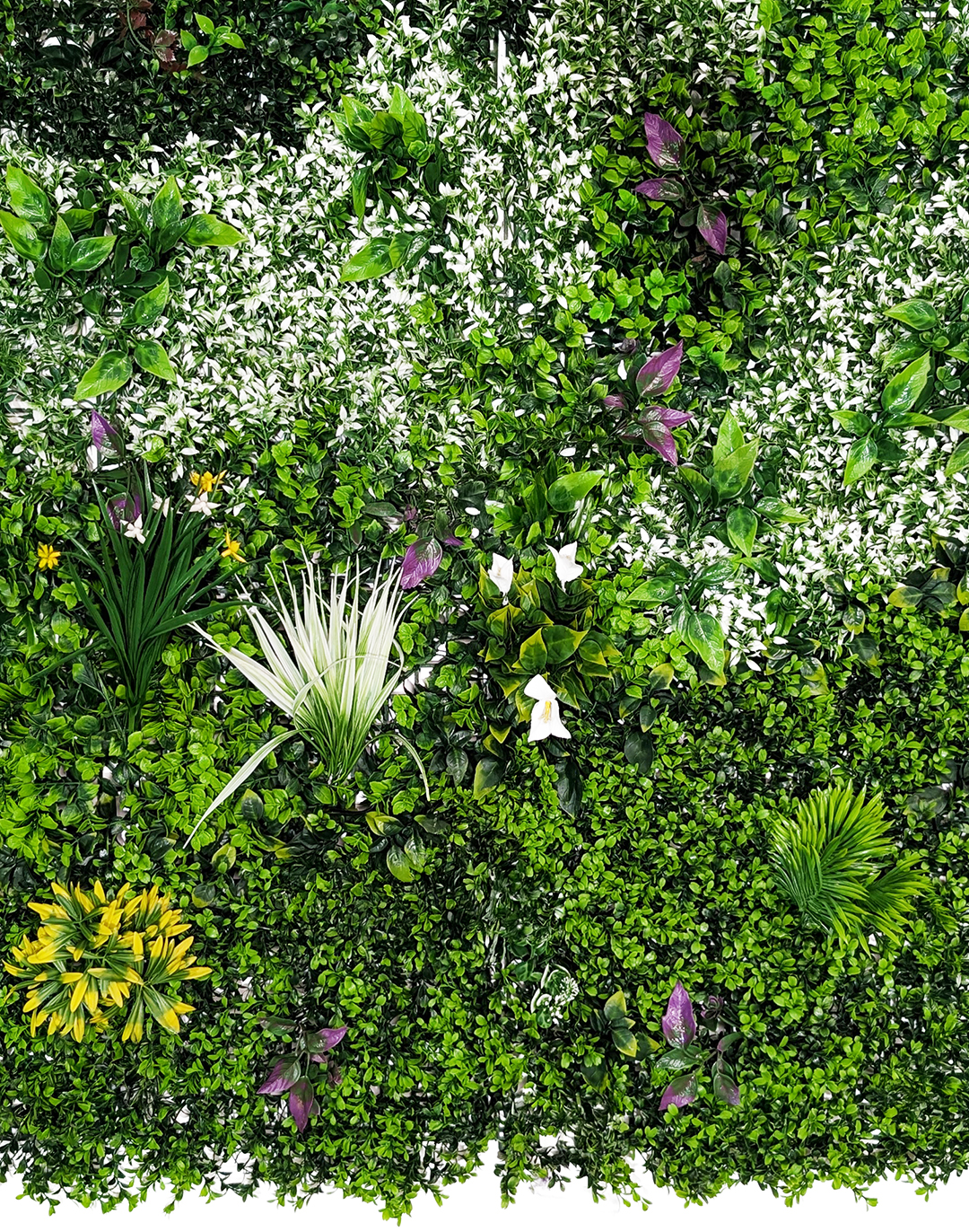 Pflanzenwand - Botanic Fusion (252) - 100x100 cm AKUSTIL Botanic Fusion Pflanzenwand mit grünen Blättern, lila und weißen Blüten für Wohnraum und Büro