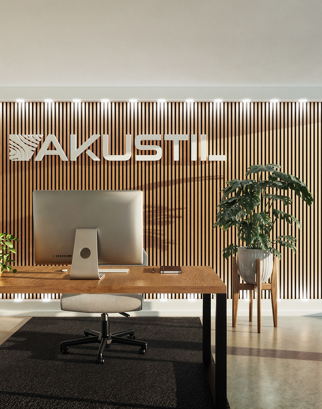 Akustikpaneel Classic - Brushed Copper (54) - 240x60 cm AKUSTIL Holz-Akustikpaneele in Büro-Empfangsbereich mit Schreibtisch und Monstera-Pflanze