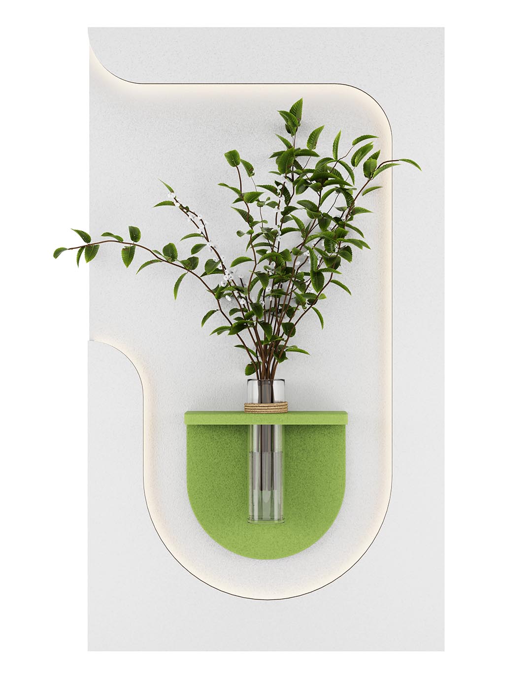 AKUSTIL Akustikpaneel grün mit Glasvase und Pflanzenzweigen als dekoratives Wandbild für Büro