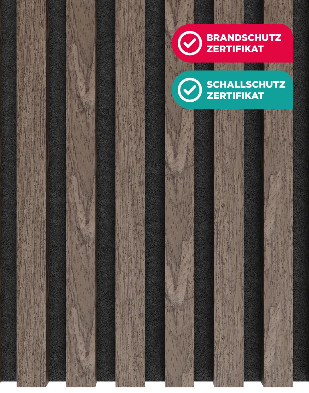 Akustikpaneel Classic - Nussbaum Rustikal Filz: Schwarz - 260x60 cm Akustikpaneel Wooden Line Nussbaum Rustikal mit schwarzem Filz Brandschutz Schallschutz Zertifikat