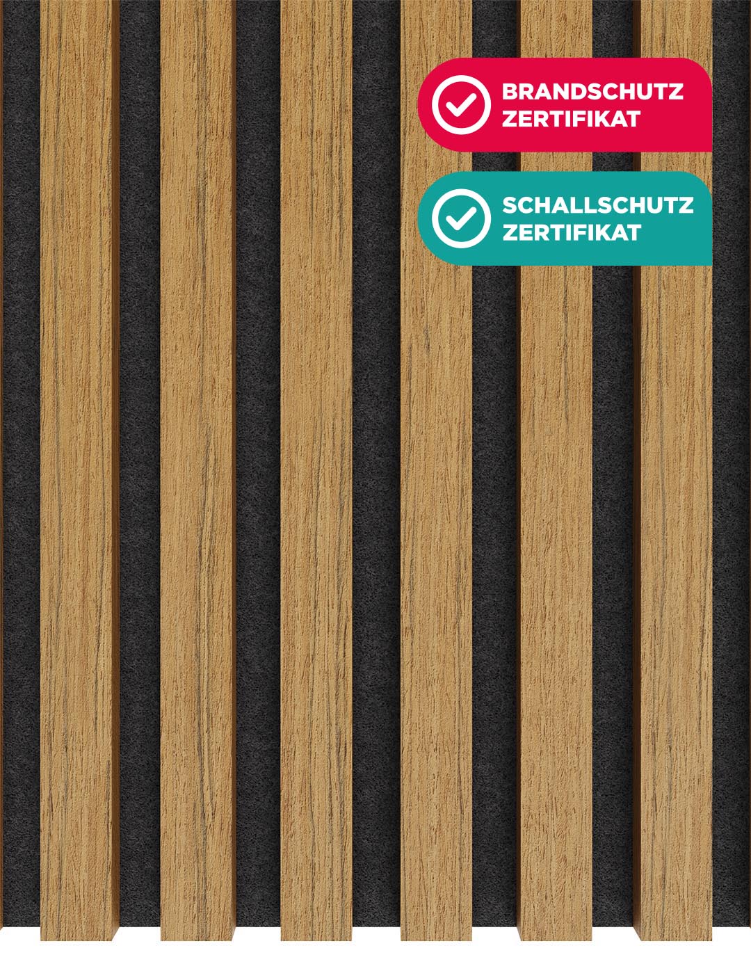 AKUSTIL Akustikpaneel Wooden Line Teak Warm mit schwarzem Filz Brandschutz Schallschutz zertifiziert