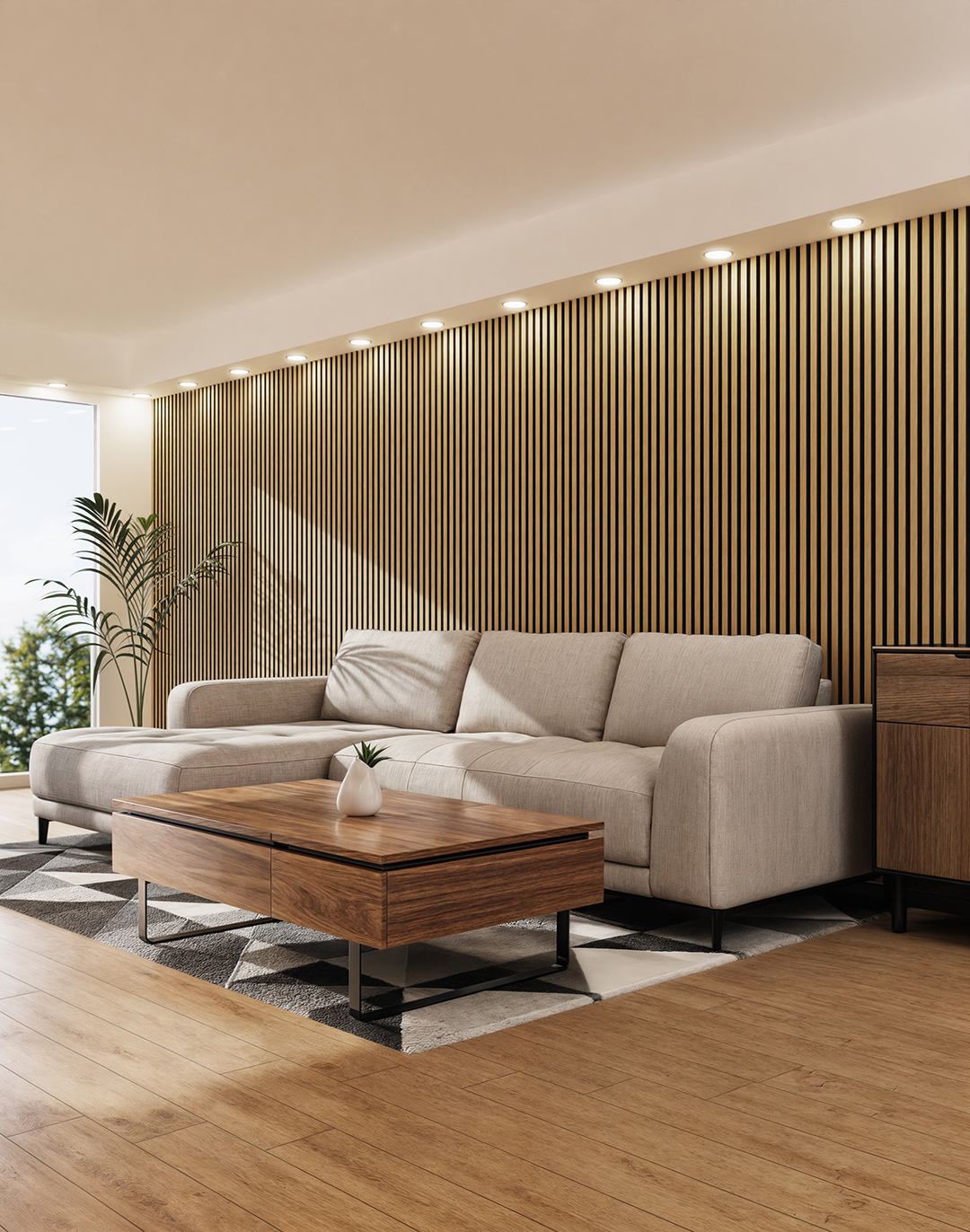 Akustikpaneel Classic - Blonde Oak (07) - 240x60 cm Holz-Akustikpaneele Blonde Oak im Wohnzimmer – vertikale Holzlatten Wandverkleidung mit Beleuchtung