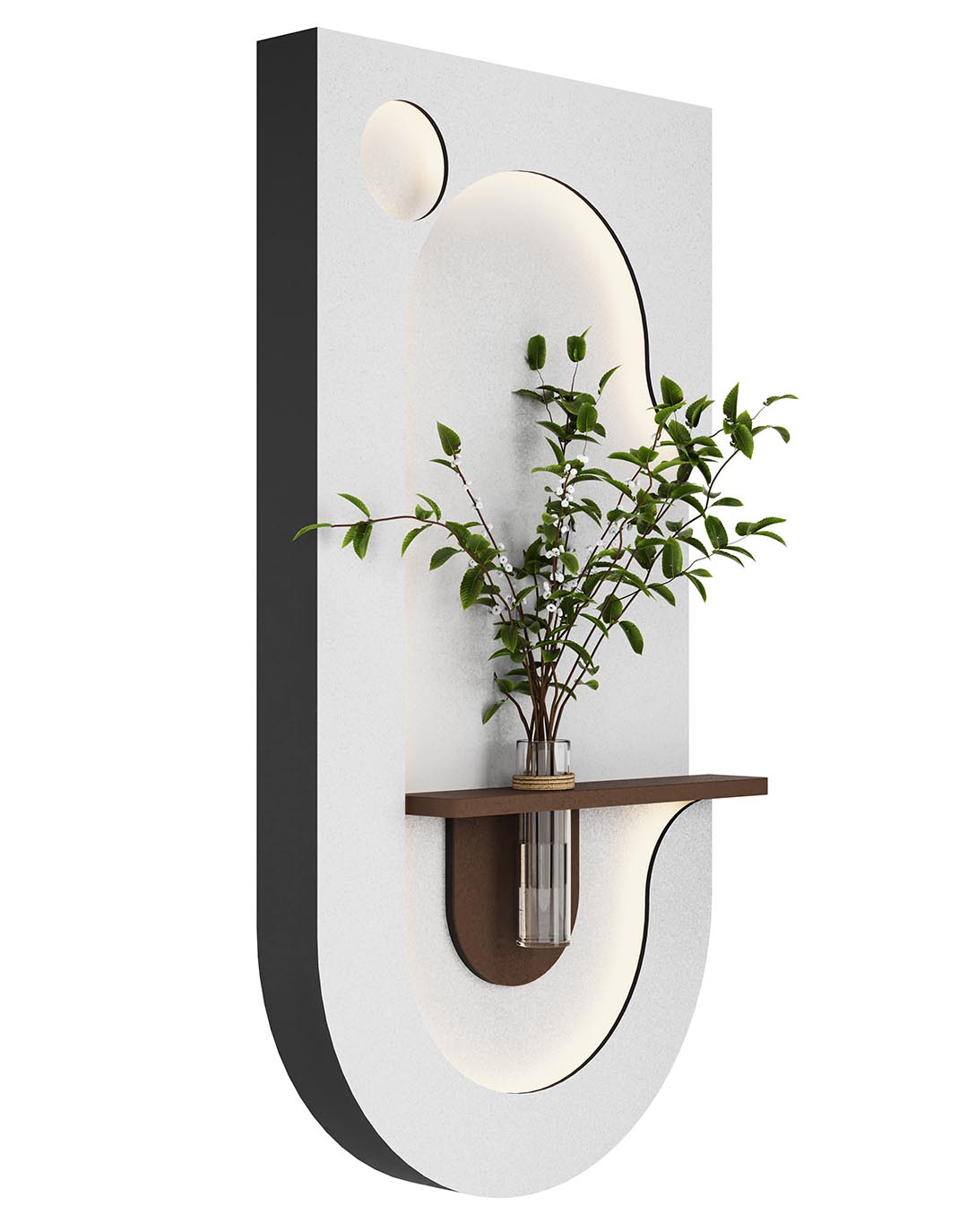 LED Wanddekoration mit Vase - Weiß/Braun - 60x120 cm AKUSTIL Wandbild weiß braun mit Ablage und Glasvase Pflanzenwand Dekopaneel Wohnzimmer