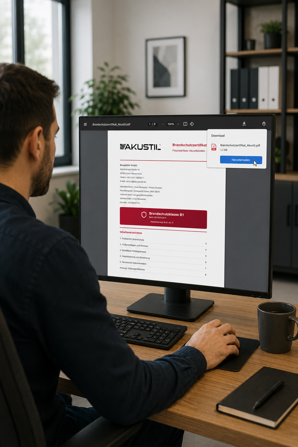 Mann lädt AKUSTIL Brandschutzzertifikat B1 PDF für Polyesterfaser-Akustikplatten herunter