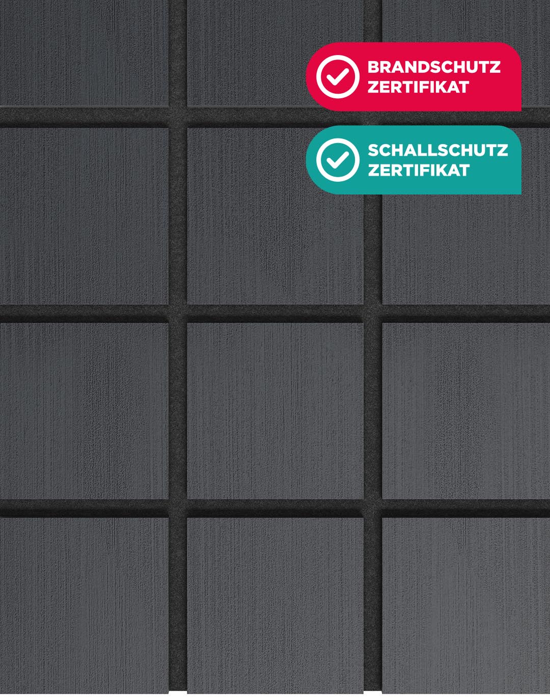 Akustikpaneel Quadra Graphite Black mit Brandschutz- und Schallschutz-Zertifikat – PVC Wandpaneel in Dunkelgrau