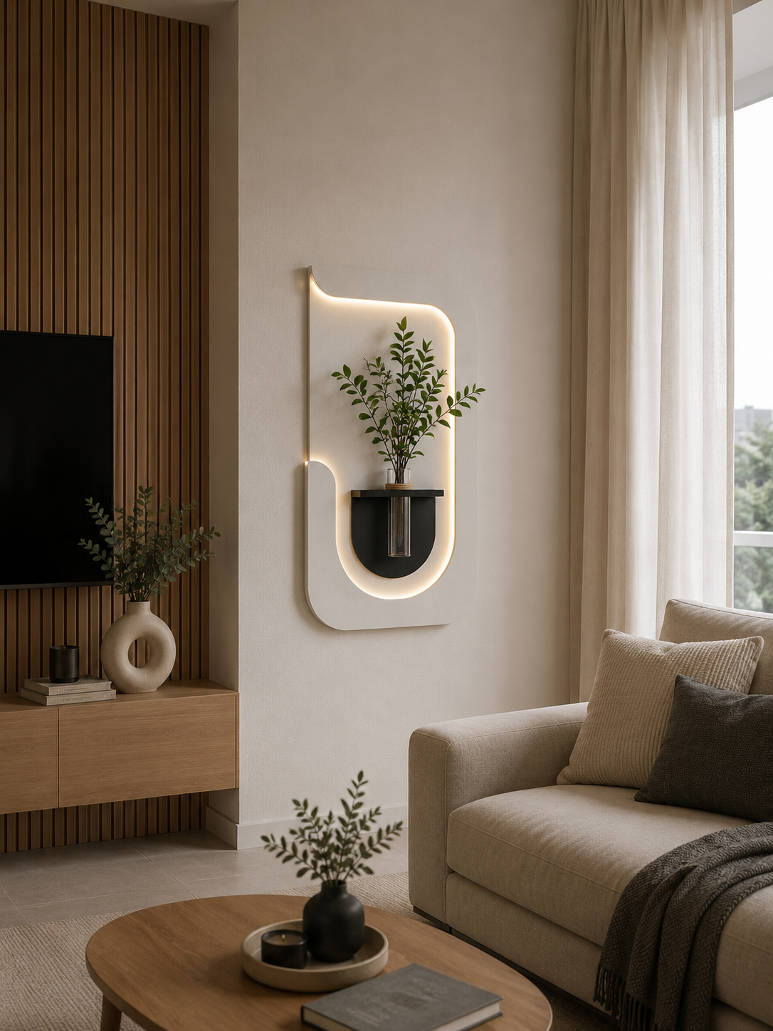 wanddeko_wohnzimmer Moderne Wanddeko Wohnzimmer mit LED-Licht und Pflanzenwand in Weiß – AKUSTIL Wandpaneel