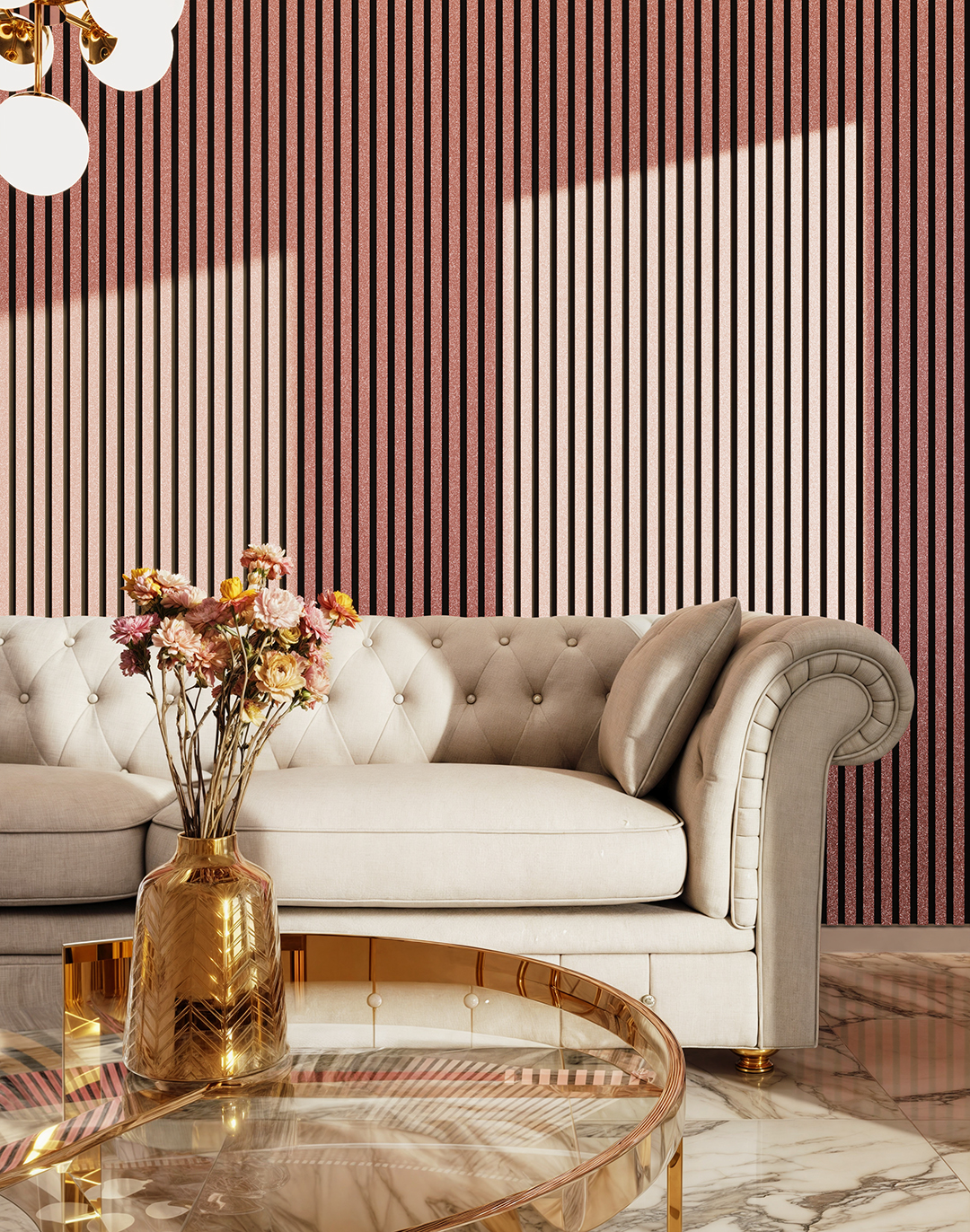 Akustikpaneel Classic - Pink Glitzer Filz: Schwarz - Muster Rosa Glitzer Akustikpaneel Wohnzimmer elegante Wandverkleidung mit Chesterfield Sofa und Golddekor