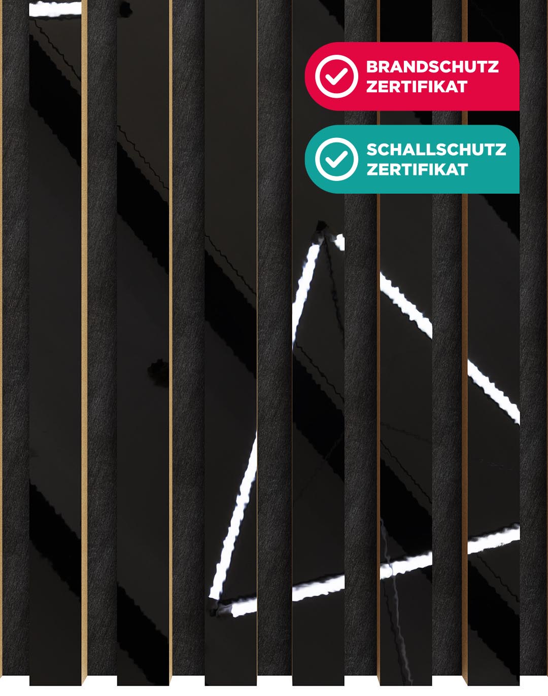 Akustikpaneel Classic - Spiegel Schwarz Filz: Schwarz - 260x60 cm Schwarzes Akustikpaneel Mirror Black mit Holzleisten Brandschutz und Schallschutz Zertifikat AKUSTIL